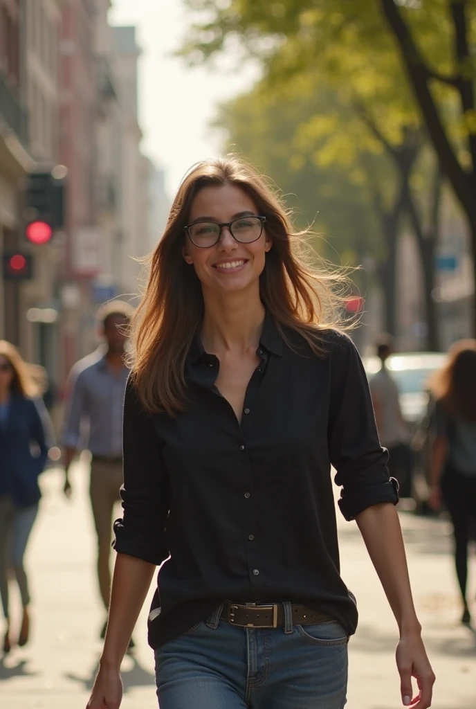 Ultra-realistic 4K photography, natural textures, urban setting, paulista avenue, downtown, sunset, a white Brazilian woman, entrepreneur, elegant sober clothing, friendly, large glasses, medium breasts, light white blouse, sober neckline, gray blazer, looking at the camera, light smile, do not duplicate.
