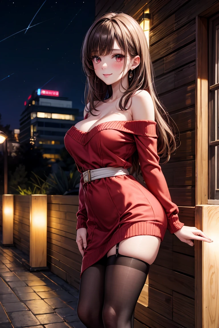 (masterpiece), best quality, expressive eyes, perfect face, mature woman, (red light summer dress), huge breasts, cleavage, bra, outdoors, sitting on the bench, crossing legs,