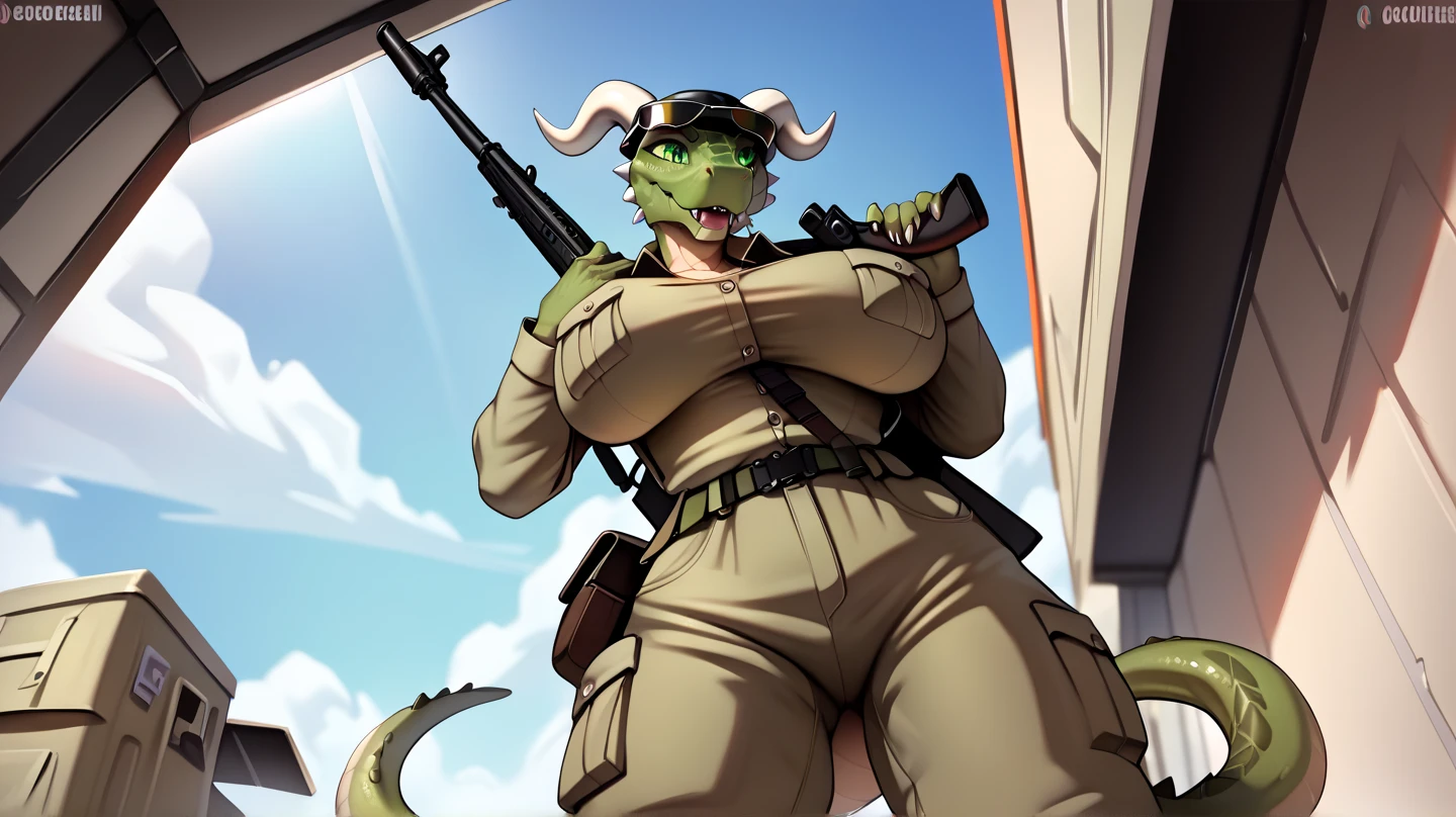 Deathclaw Fallout 4, Curvy hips, lush breasts, female anthropomorph, horns, tail, bright green eyes, licks lips