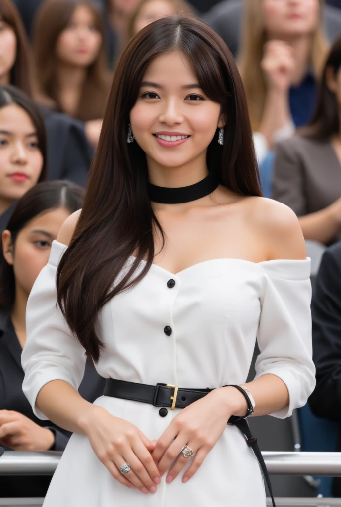 1 girl, national foundation, ((32k, raw, masterpiece: 1.5)), (Professional photography, sharp:1.2), Perfect dynamic composition, (Natural sun light), (soft shadow), (((skinny figure))), ((huge round breasts:1.1)), (((((black long hair))))), Ultra-detailed faces and skin, perfect asian, White skin, (Delicate skin:1.4), (latex skin:0.4), (perfect glowing skin:0.6), light brown eyes, beautiful eyes, round eyes, pretty face, blush, glossy lips, (((plump lips))), glossy eyes, Perfectly proportioned face, Really moist skin, ((excited expression)), (((huge smile at the camera))), looking at camera, Elegant necklace, Elegant earrings, minimalist, (((white shirt, blue blazer))), (((black skirt))), (((white and pink baseball hat)))