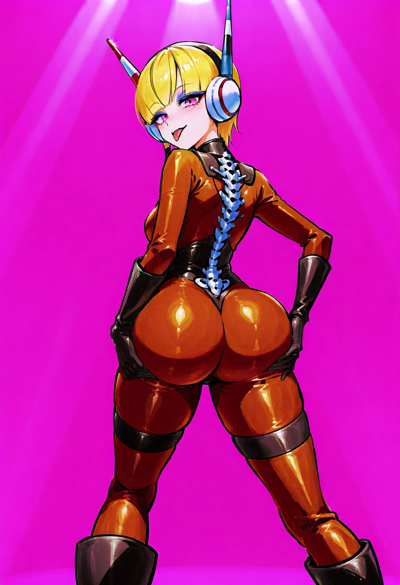 Elesa. Yellow hair. Straight bangs. Short hair. Headphones with mechanical antenna. Villain eyeshadow. Pink eyes. Sleepy eyes. Tongue out. Glossy costume. Brown bodysuit. Black mechanical spine. Black gloves. Oversized boots. Butt sticking out. Hands on butt. Back. Turning around. Stage. Pink background. Spotlight.