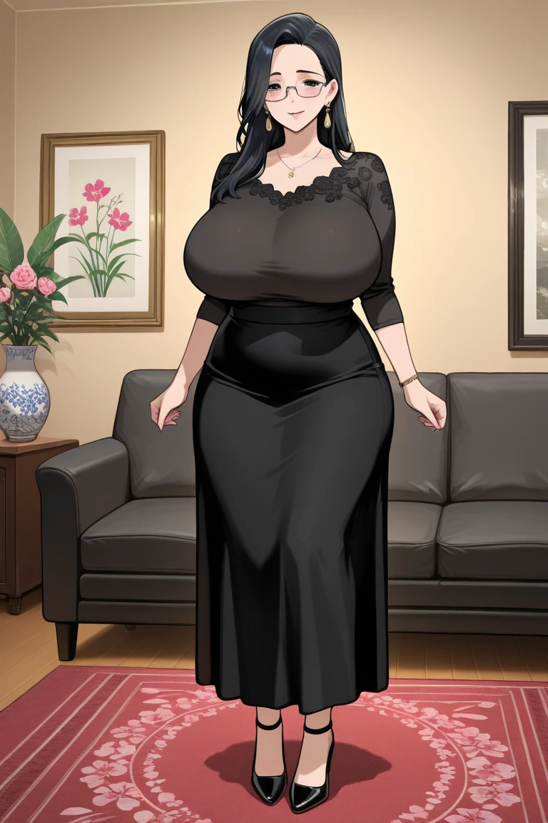 masterpiece, best quality, extremely detail 8k cg, high resolution, 1girl, kurenai yuhi, black hair, red eyes, huge breasts, black tee shirt dress, cleavage, on hips, seductive face, indoors, bedroom, beautiful face, cowboy shot