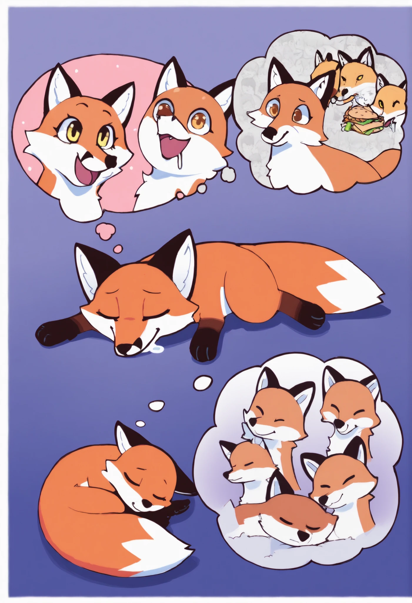 red fox, cute, beautiful, feral, digitigrade, yellow eyes, smiling blissfully, drooling, sleeping fox, eyes closed, curled up, thought bubble, dreaming, in the thought bubble: the fox is salivating over a delicious chicken sandwich it found in the dream, chicken sandwich