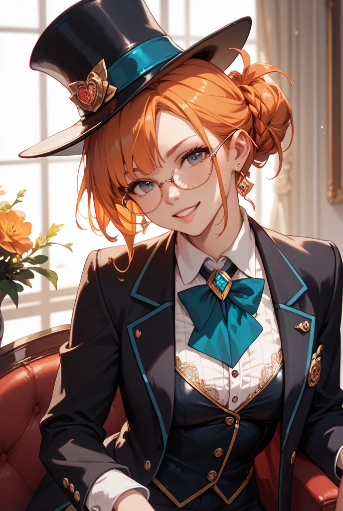 masterpiece, best quality,(hoshizora rin:1.000), cowboy shot,yellow eyes, orange hair,Debauchery secretary, Wearing glasses, Big tight, Wear corsets and stockings, 超高分辨率,Detailed background,hades style,Solo, \(Theme\),Dark fantasy,Evil,Depth of field