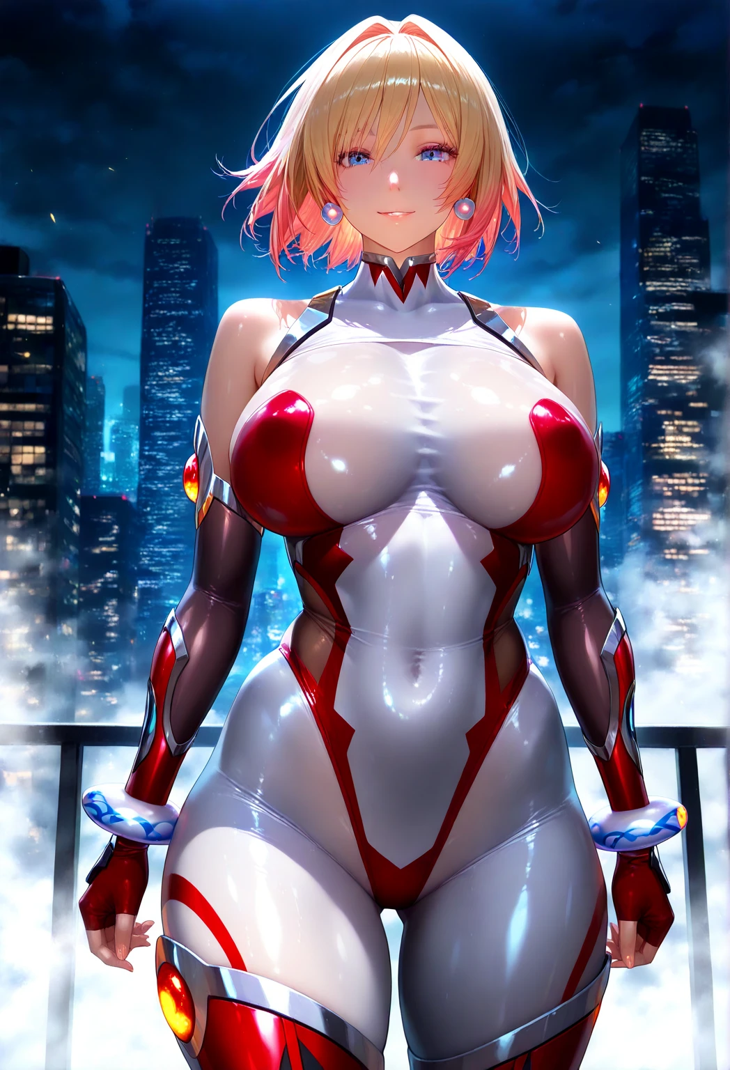 optimum,tmasterpiece,hight resolution,best qualtiy,hyper HD,super detailing,awardwinning,16 K,独奏,(The upper part of the body),anatomy correct,Beautiful cyberpunk girl,cowboy shot、cute face,,a blond、bob cuts、Red ribbon hair ornament、Hairline,((scarlet eyes)),long eyelasher,Hanging eye corners,White skin of the,Take a photo from the side, ((Bodysuits:1.5)), ((Sheer nipples))、Rocket Tits, (Slim body),
