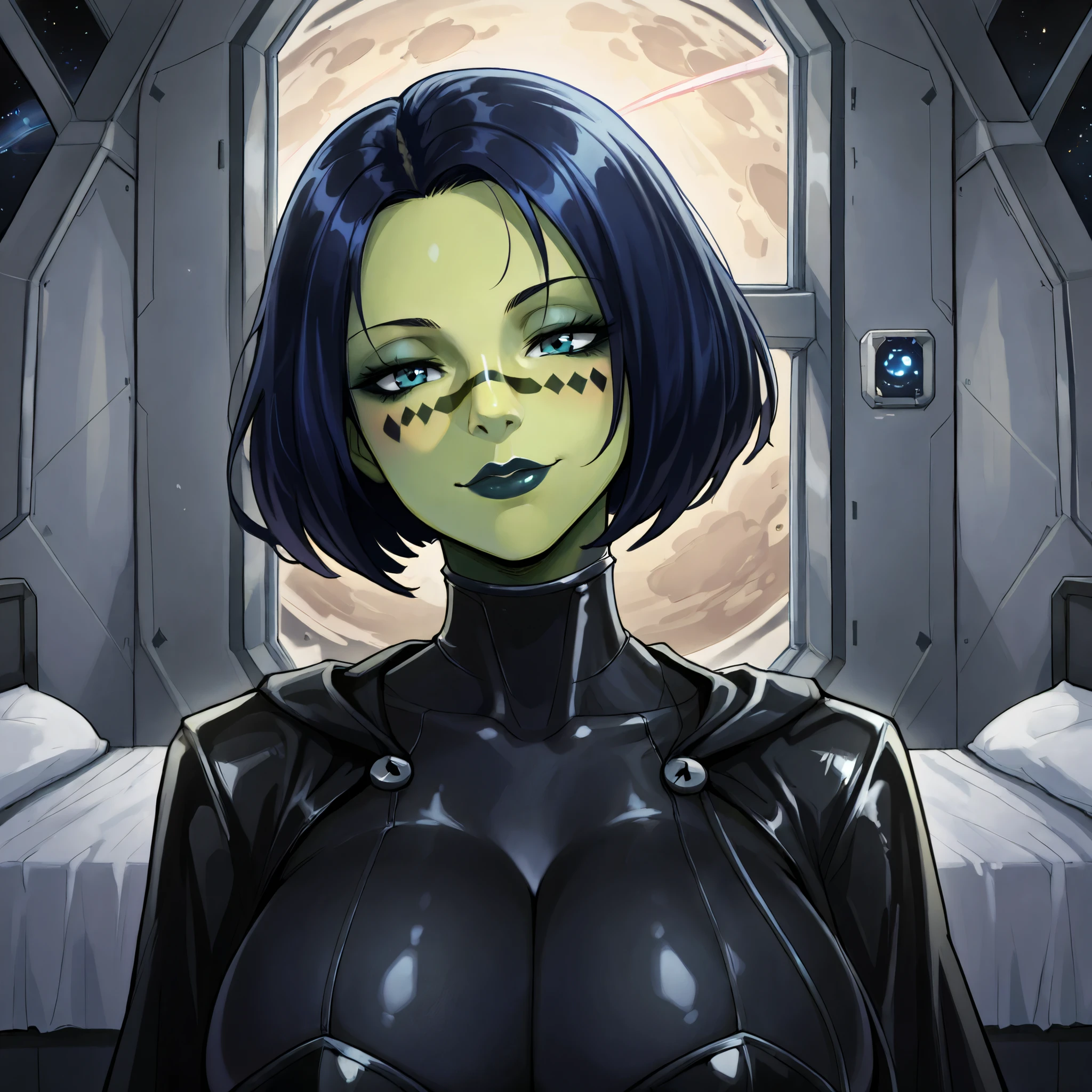 score_9, score_8_up, score_7_up ((insane details, insane resolution, insane detailed background, beautiful detailed eyes, beautiful detailed face, 8k, Mastepiece, ultra quality)), barissoffee, Star Wars, 1 girl, solo, short black bob, deep side part, smooth and glossy texture, slightly tousled ends, light green skin, strong cheekbones, dark green lips, diamond-shaped face paint across nose and cheeks bright blue eyes, black sith robes with black hood, black leather fingeress gloves, black leather boots, hood down, ((Huge breasts, huge butt, thick thighs, curvy hips, 8 pack, cleavage,)), ((full body view, side view of body, standing up, sexy seductive smile, looking at viewer, in love,)), ((dark blue black futuristic spaceship interior, inside dark blue black futuristic spaceship interior bedroom, standing next to dark blue black futuristic king size bed, outer space outside window, planets outside window, asteroids outside window,)),