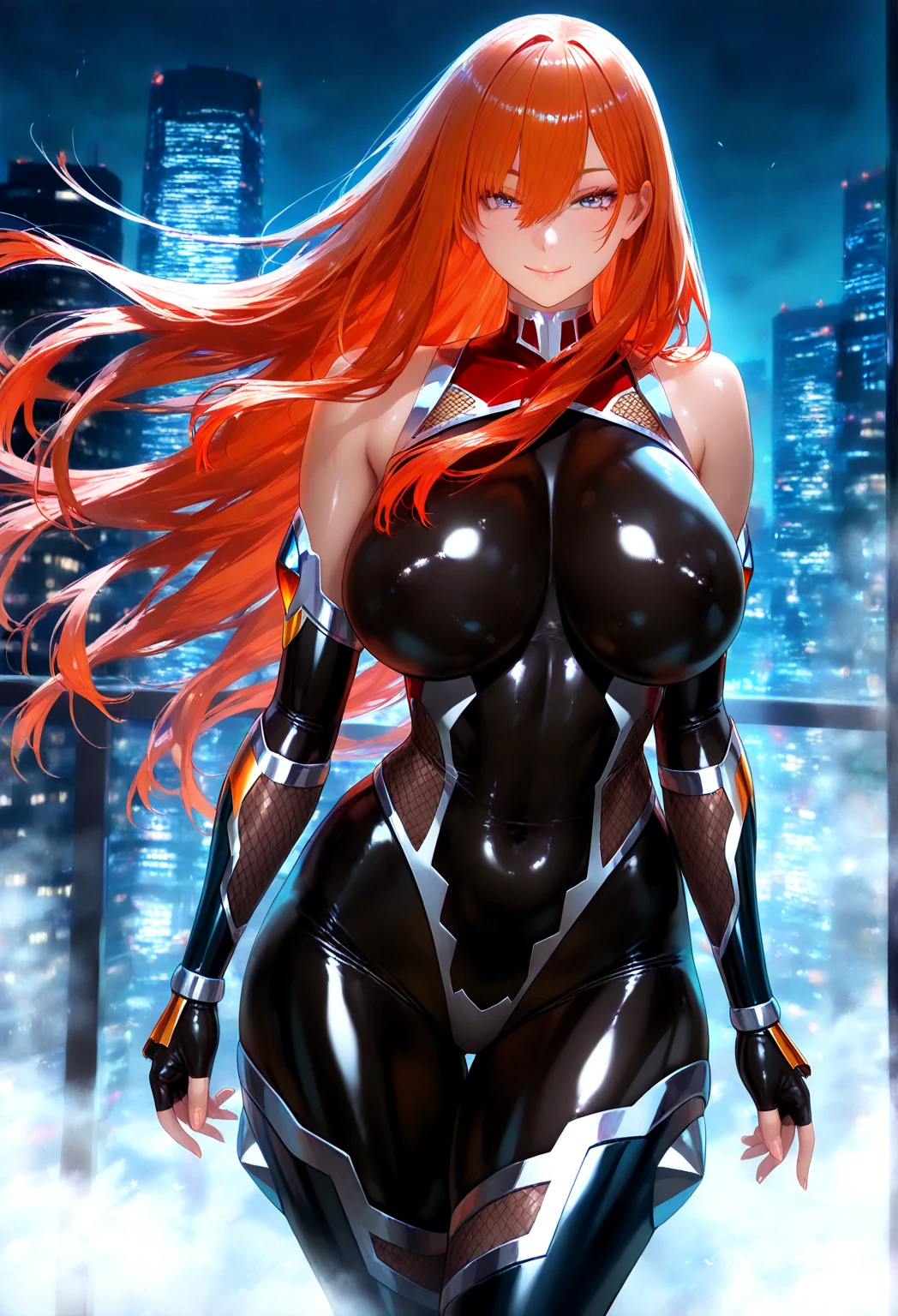 [Neon Genesis Evangelion|Code Geass], 8K, photo shot from front, highly-detailed, girl with a confident pose, wearing a cyborg outfit, cleavage, in a sleek and modern anime-style background with vibrant and contrasting colors, bright neon lighting