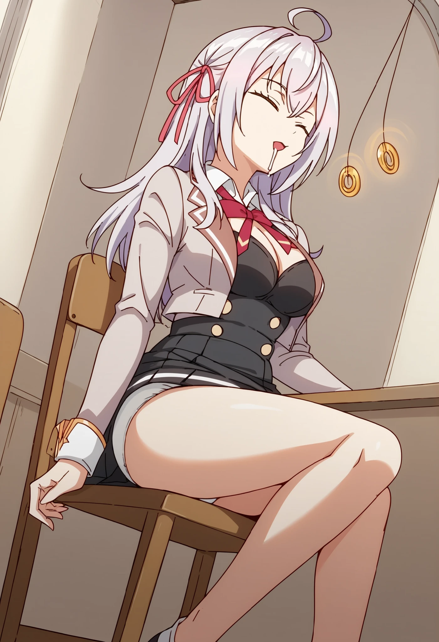 score_9,score_8_up, score_7_up, source_anime, rating_questionable, Alisa, 1girl, ahoge, white panties, white bra, hair ribbon, long hair, red ribbon, ribbon, solo, sexy, seductive body, sl0uch1ng, sitting ,chair, closed_eyes, hypnosis, drooling, drooling from mouth, dutch_angle, underwear only, bra, panties