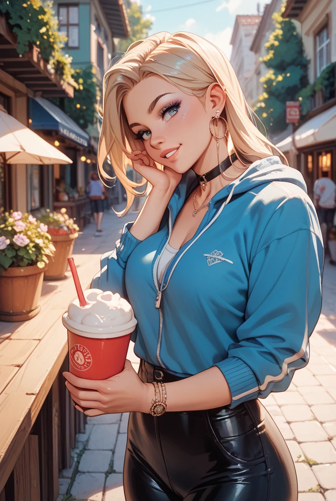 8K、top-quality、Masterpiece、An ultra-high picture quality、ultra-detailliert、Super beautiful、animesque、Ultra-realistic flesh feeling、full bodyesbian、Drinking a latte、Off-shoulder blue knitwear、Beautuful Women、Blonde long hair、poneyTail、Blue eyes、shinny skin、Very gigantic-breasts、extremely big ass、shinny skin 、The background is a café --auto --s2