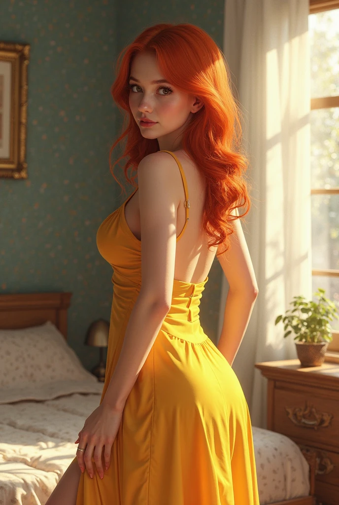 An attractive young woman with fair skin and long red hair in a bun. yellow dress, She is in a hotel. Her body is curvy, fleshy lips, with wide hips and a thin waist
