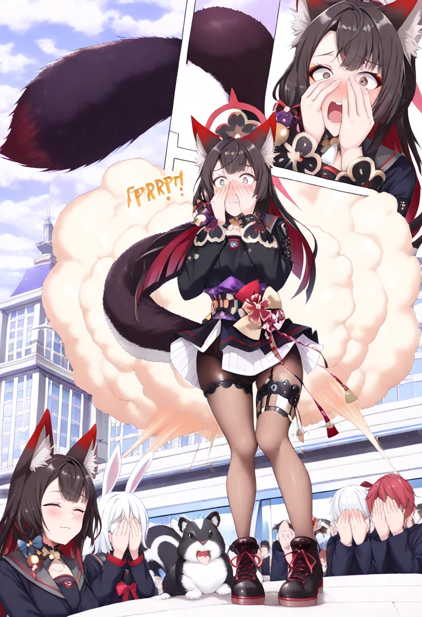 1fox boy, androgynus body, fox ears, fox tail, pink hair, two ponytails, black flower on the head, perfect eyes, purple eyes, black lipstick, curious face, black and pink kimono, long black stockings, pink heels, black fan hand the hand, big ass, concert background