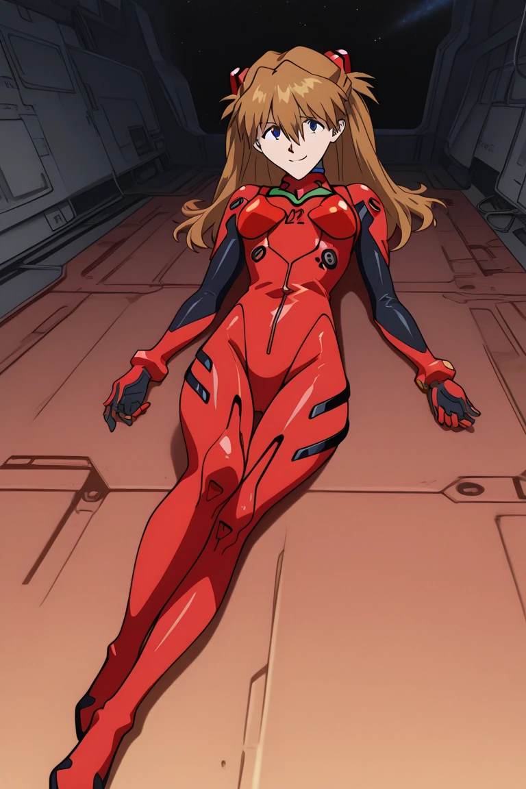 (((Pixel Perfect, Perfect detail))), One Girl, alone, From above, Asuka Langley Soryu, (Soryu Asuka Langley:1.2), Long Hair, bangs, blue eyes, Brown Hair, hair ornaments, Bodysuits, Pilot Suit, Plug Suit, (red Bodysuits:1.5), Interface Headset, (Lying in bed:1.3), indoor, whole body