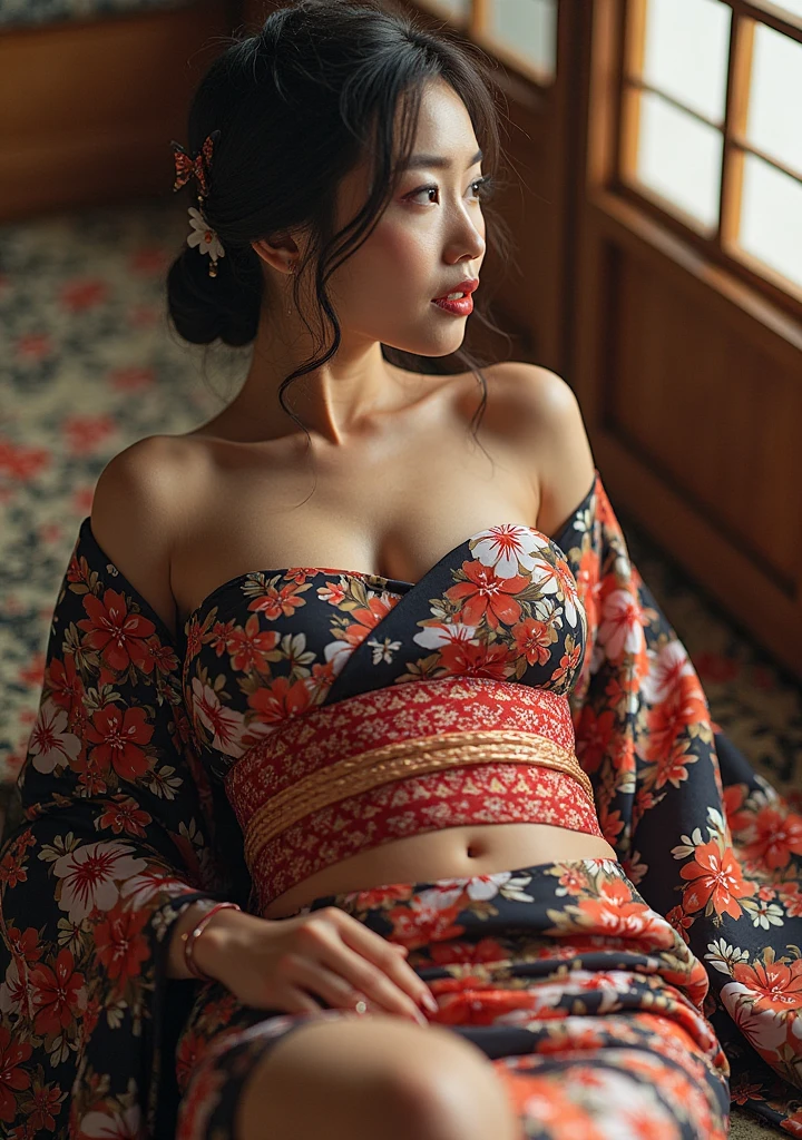 a Chinese Female in sexy kebaya with intricate detailed ornate and intricate batik sarong, saggy huge boobs, sitting on the rotten wood with opened legs, seductive look, sweat, slim fit body, milky whhite skin