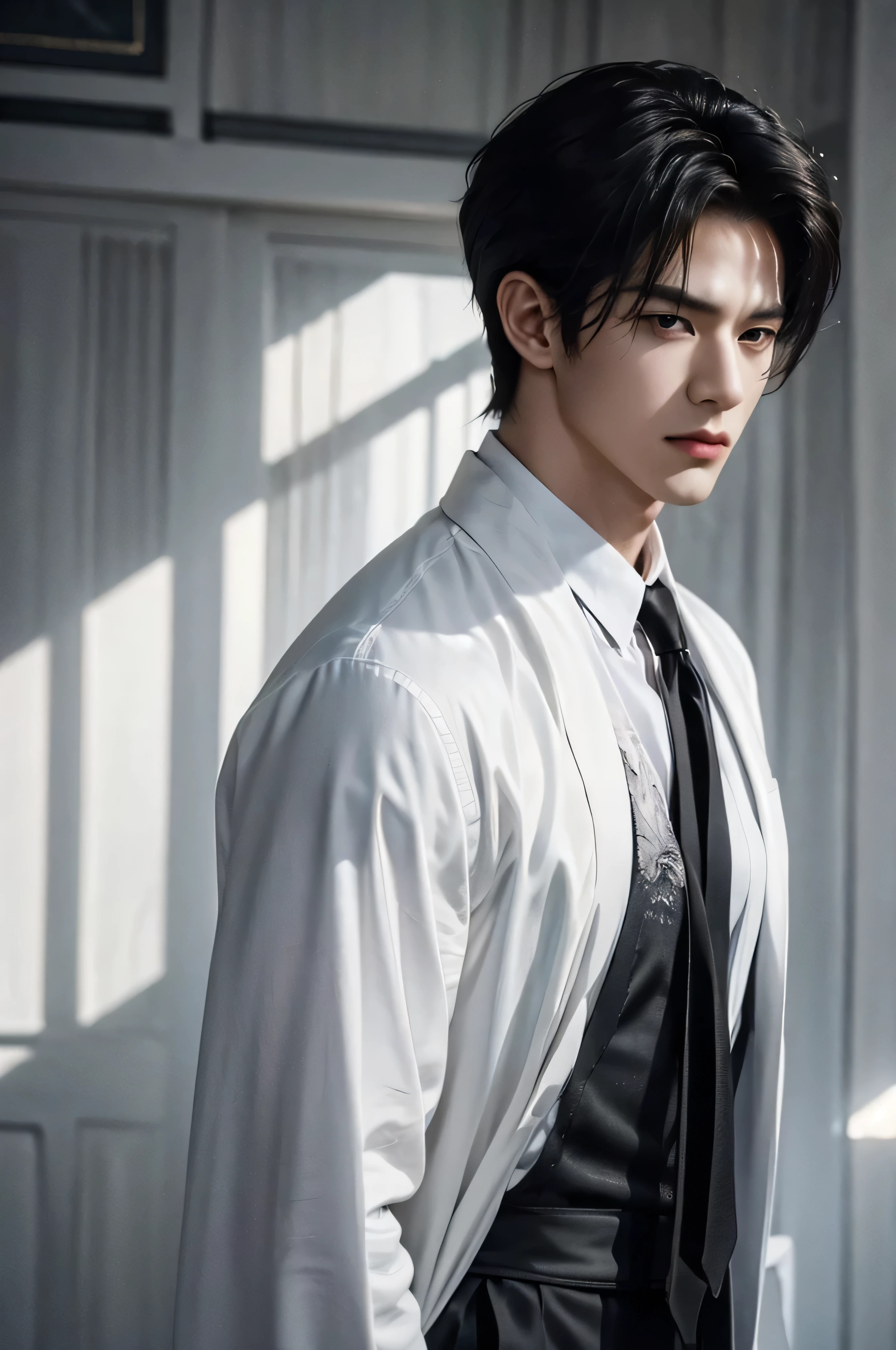 cityscape view, ((Medium Wide Shot)), 25 year old Naruto is a true masterpiece with masculine beauty, perfect anatomy. charming attractive eyes, Perfect lines, 8K quality, black hair, wearing white shirt and dark gray suit, wearing a black tie, short hair, cinematic lighting, intricately detailed, white tetradic color, volumetric lighting, sad looking, looking into the distance away from viewer