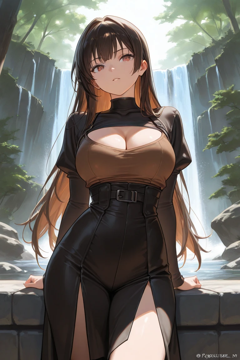 ((highly detailed)), nikke, rapi, perfect human hands, (great breast:1.1),masterpiece, best quality, ultra-detailed, glistening shiny, glowing light, ray tracing, HDR, deph of field, (perfect face, detailed face, detailed eyes,perfect hands,perfect fingeredium :1.2),8k,HD,ultra realistic face,ray tracing,perfect lighting,best quality, ultra-detailed, shiny eyes, ( nervous:1.1, licking her mouth:1.1), ((1girl:1.2)),cowboy shot,thicc,streaked_hair,((brown gradient hair)),multicolored eyes, gradient eyes, red eyes, (glowing eyes:1.5), mascara, (fashion make up), (parted lips,blush, detailed face, colorful clothing, park, sky, trees, all fouriddle of japanese countryside,japanese bridge,over the bridge,night,river,cherry trees,dark blue sky),((super detailed background))),((super detailed background)), dynamic poses, ((8k wallpaper)), (mature female), black thighhighs, gigantic sagging breast, (nipples)