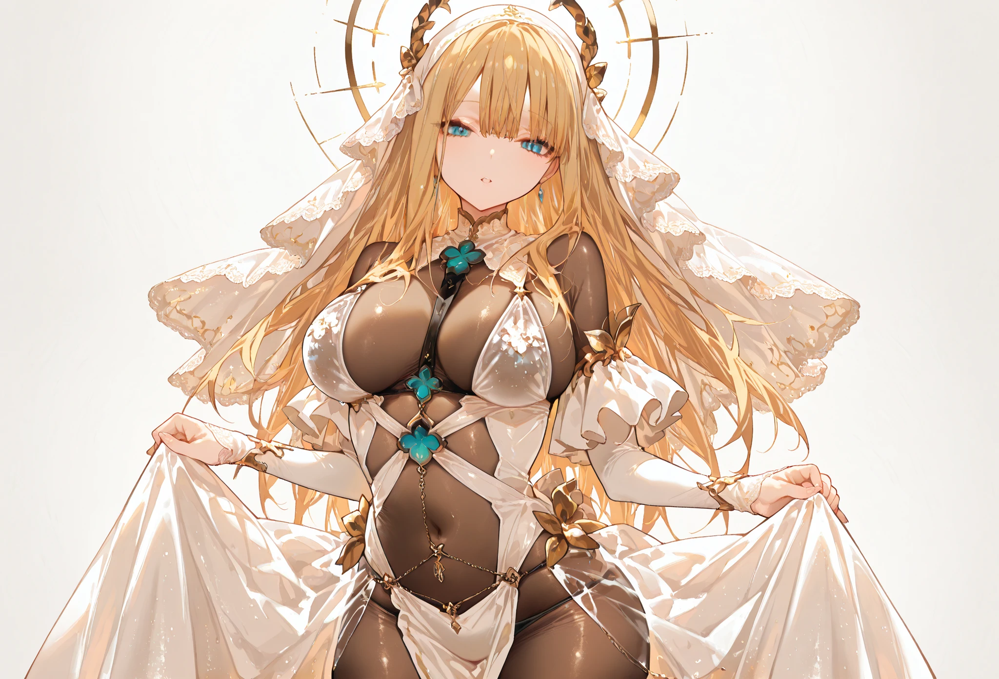 Detailed fingers、High quality, Ultra detailed, best quality, insanely detailed, beautiful, masterpiece、(Beautiful blonde wavy hair、Sheer white veil)、(mature bride、Slut、Bitch、Prostitute)、((Completely naked:1.5)、Huge breasts、Huge areola、Thick Puffy Nipples)、(Wide Hips、Thick thighs))、((Absolute area))、((A giant glowing heart tattoo on the stock)、(Camel toe:1.3)、(NSFW:1.5))、(Background is space、giant galaxy、Shining Star、(Glowing Star Trails:1.5))