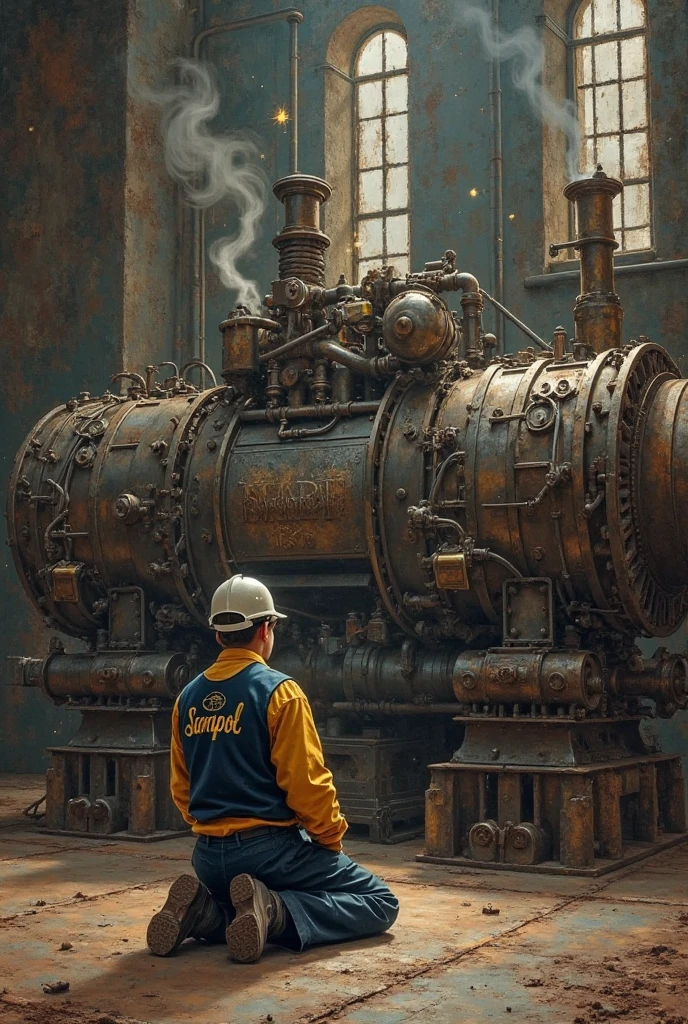"Little Boy with a Plate Hand in the Workshop", wearing a suspender overalls jeans, naked upper body, strong body, Fei Danxu, Wang Yi, Zhang Xiaogang, Bian Jingzhao, Wen Zhenheng, Wang Zhenpeng, Ding Yunpeng, bashing photos, Xi Gang, photo processing, Wang Ximeng, (((Luke ·