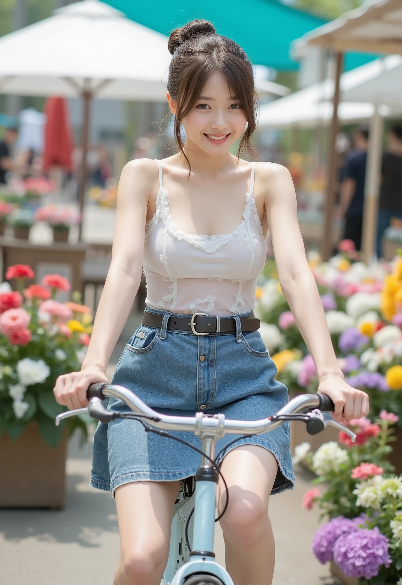 (masterpiece、Ultra-detailed、8k、highest quality:1.5)、((wonderful))、14-year-old idol high school girl、Short hair with bangs、White sleeveless shirt、、mini skirt、((Bicycle race))、garden,Panties in full view、