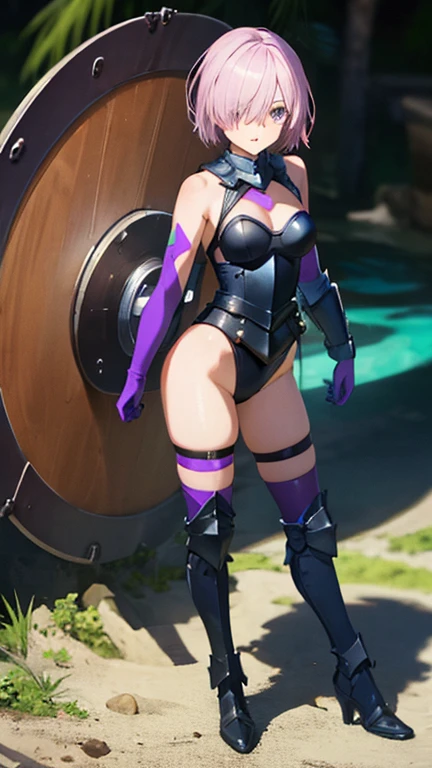 (Masterpiece, best quality, intricate details, 1sologirl) iron collar, arms behind back, iron cuffs, shackles, bound ((standing by wooden pole:1.2)) looking from above happy closed mouth, (Female drow elf chest covered very purple skin)(smile) pale golden hair and violet eyes. They prefer clothing of white and silver with cloaks of deep blue or purple, village background, huge knockers, ((very precise detailed)), ((high res)