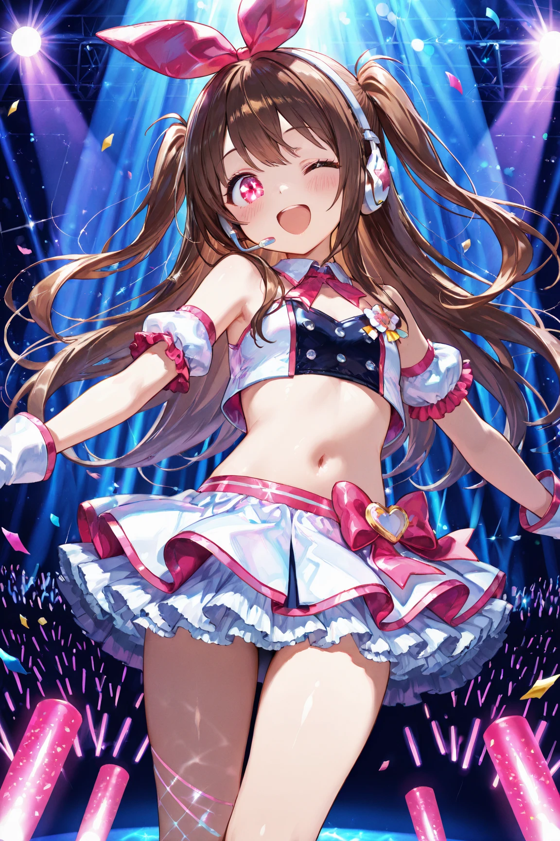 NSFW、Primary school students、、Long Hair、((Small breasts、Small breasts、Angry))、((Sweating profusely、Idol Costumes、Bikini))、Draw the whole body、Dancing、Standing on the idol stage