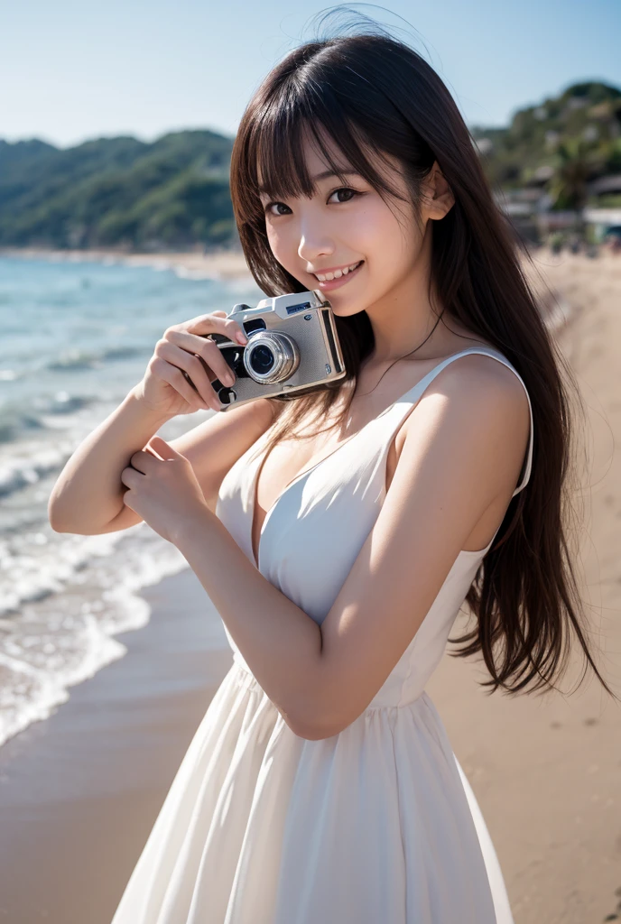 8k, (Hyper Reality: 1.35), (Realistic: 1.4), 1 Beautiful Korean Woman, smile, alone. light makeup, masterpiece, 最high quality, high quality, alone, , Latin, Puberty, Only one girl,((Perfect body)),最high quality)),((Hello)),((Very delicate and beautiful)),((Very shallow depth of field)), Hmph,((Incredibly shallow depth of field)). Familiar)), (((Very delicate and beautiful)), (((Very shallow depth of field))), Hmph, (((Unbelievably absurd))), (((Perfect body))), (((Black Hair )))) ))), ((( Camera Eye)))),(((A happy and wonderful smile))), poor, my + background, Dynamic Angle, Focus on women, {Particles of light}, Detailed background, ((Paul Hedley)), Soft lighting, (dramatic) sunset), sunset, very beautiful sunset, Live Action, Realistic, Top Angle, cute smile, (blurred background), 20-year-old, skinny, ((Wind)), ((Movement)), ((emotion)), ((colorful)), ((Beautiful Teeth)), Wither,backgroundはビーチ