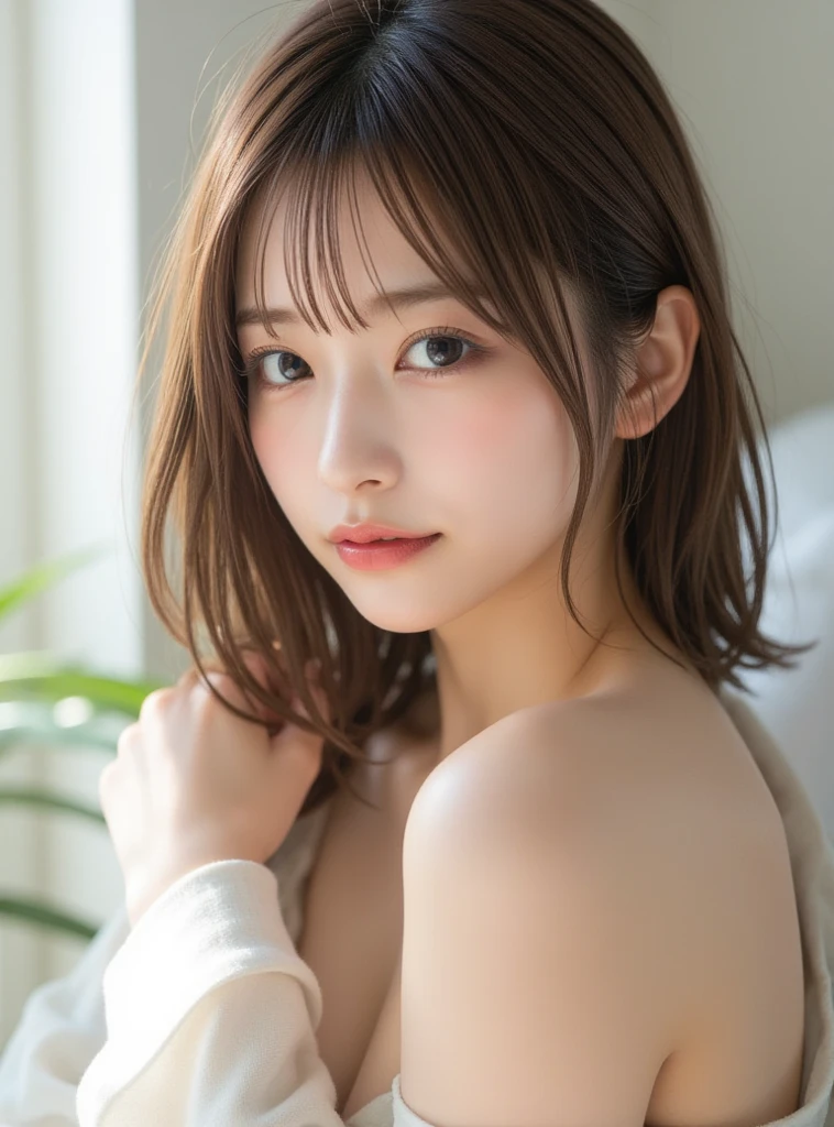 Smile、natta、Raw photography、(((Portrait of extreme beauty)))、((glistning skin))、女の子1人、17-year-old beautiful girl in Prague、bright expression、((brown haired))、(Show cleavage)、(Cotton Camisole)、[Big blue eyes that shine like jewels]、Glossy glossy skin、Silky long straight hair、eye liner、Beautiful bangs、Hair between the eyes、((​masterpiece、top-quality、ultra-detailliert、Film Light、intricate-detail、hight resolution、ighly detailed))、细致背景、8KUHD、Digital SLR、Soft light、hightquality、Film grain、FujifilmXT3 、Shallow depth of field、natural soft light、Kamimei、Lush bust、cowboy  shot