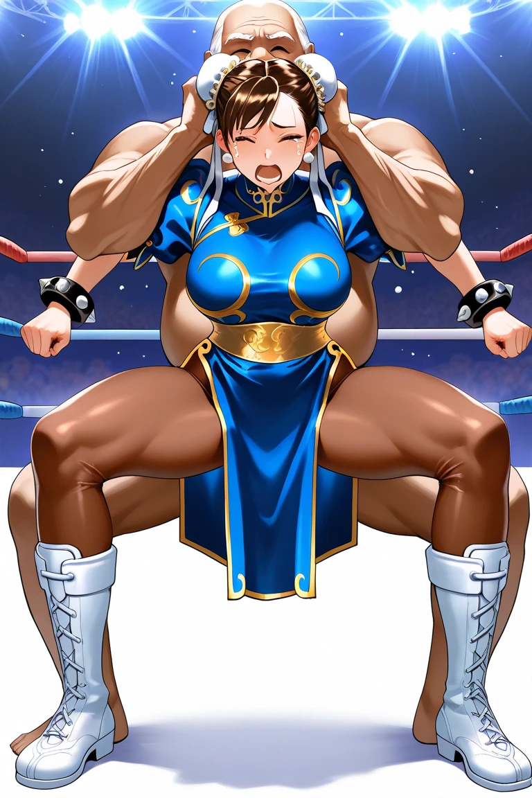 score_9, score_8_up, score_7_up, source_anime, takeda hiromitsu style, ((1girl, short stature)and(1shota boy, short stature)),hetero, (1girl, tall stature),(fighter:1.2), (rolling eyes:1.4),(trembling),(long hair, wavy hair),orange hair, blue eyes, lerge breasts, pale skin,shiny skin, erectile nipples, ((She wears Maid apron)), cum in pussy,(cum on clothes:1.4), cum on breasts,cum on body,cum facial, bukkake, cum in mouth,cum on hair,(excessive cum), (1shota boy, short stature:1.4),(((shota boy win,smug))),small penis, dark-skinned shota boy,interracial, (((he licking her breast))),((breastfeeding)),vaginal penis, clothed sex, intercourse with a shota boy, (wrestling ring),