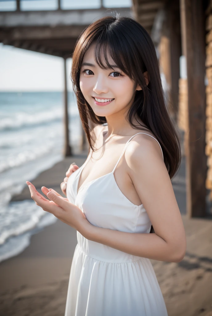 Only one girl、17 years old、((Perfect body)))、(masterpiece)、((highest quality))、(Ultra-detailed)、((Very delicate and beautiful))、Hmph,(((Unbelievably absurd)))、((Perfect body)))、(((Black-haired)))、(((shortcut)))、(Okayasu Hair)、(((Looking at the camera)))、{{{Maternal}}}、(((Small Tits)))、(((The best smile that makes you happy)))、camisole dress sale+background、Dynamic Angle、female focus、{Particles of light}、綿密なbackground、((Paul Hedley)))、Soft lighting、sunset、Very beautiful sunset、Live Action、Realistic、Angle from above、Cute Smile、(backgroundがぼやけている)、12 years old、Are thin、((Wind))、(((Movement)))、(((Emotional)))、((colorful))、((Baby Face))、((Beautiful Teeth)) 、Numerous petals fly on Wind、(((Flare)))