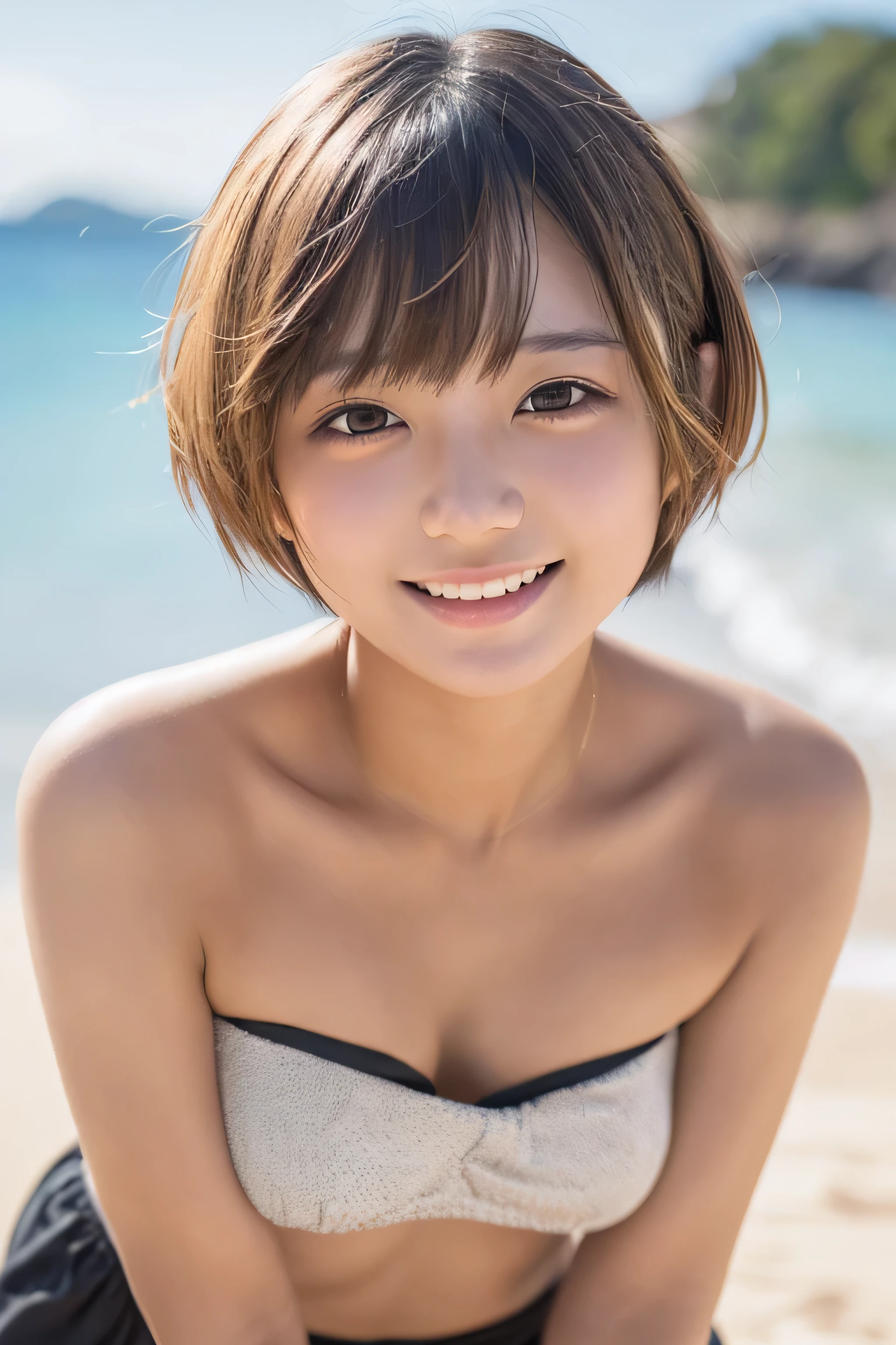 (Hyper Reality: 1.35), (Realistic: 1.4), A beautiful Japanese woman, smile, alone. (((No makeup))), masterpiece, 最high quality, high quality, alone, Very good, Latin, puberty, Only one girl, ((Perfect body)),((最high quality)),((Hello)),((Very delicate and beautiful)),((Very shallow depth of field)), Hmph,((Incredibly shallow depth of field)). family friendly, ((Very delicate and beautiful)), (((Very shallow depth of field))), Hmph, (((Unbelievably absurd))), (((Perfect body))), dark brown hair, blowing boyish bob hair, shag messy hair, wolf cut, big hair, windで揺れる髪, Slim body type, ((( Camera Eye)))), (((small ))), (((A happy and wonderful smile))), poor, my + background, Dynamic Pose, {Particles of light}, Detailed background, Soft lighting, (dramatic), sunset, very beautiful sunset, Live Action, Realistic, cute smile, (blurred background), (((11 years old))),, ((wind)), ((Movement)), ((emotion)), ((colorful)), ((Baby Face:1.3)), ((Beautiful Teeth)), Wither, sea background, nsfw:1.3, BDSM:1.3, Very fair skin, ((super extra enormous breast:1.3)),(((cleavage1.4))), (((Cowboy Shot))), Completely naked:1.5, Sitting with legs apart:1.5