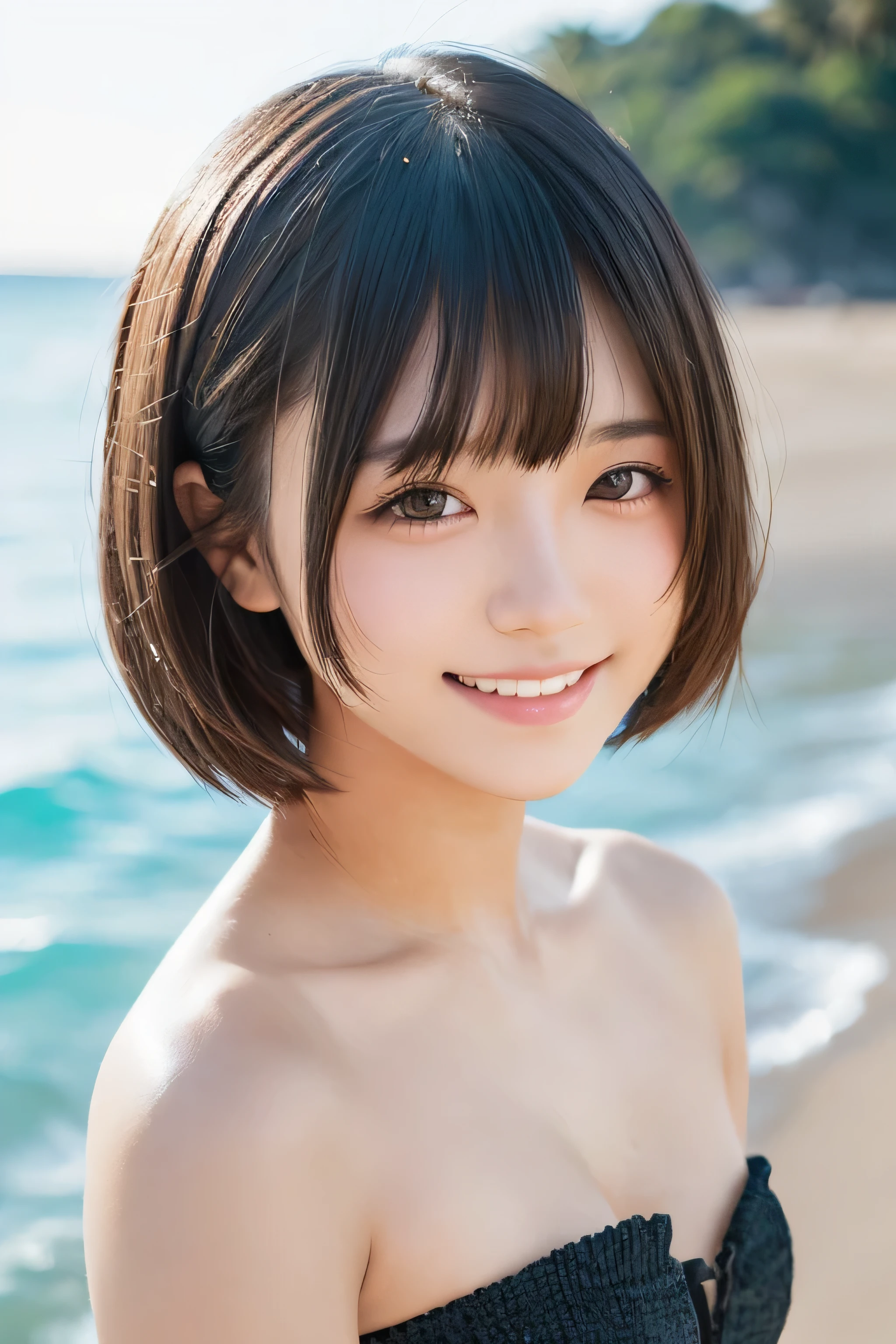 (masterpiece:1.2,highest quality),blur the background,1 High school girl,((nude)),(Ecup boobs),brown short cut hair,(take a pose),detailed and beautiful eyes,blushing face,healthy skin,looking at the viewer,smile,(beach),8K resolution