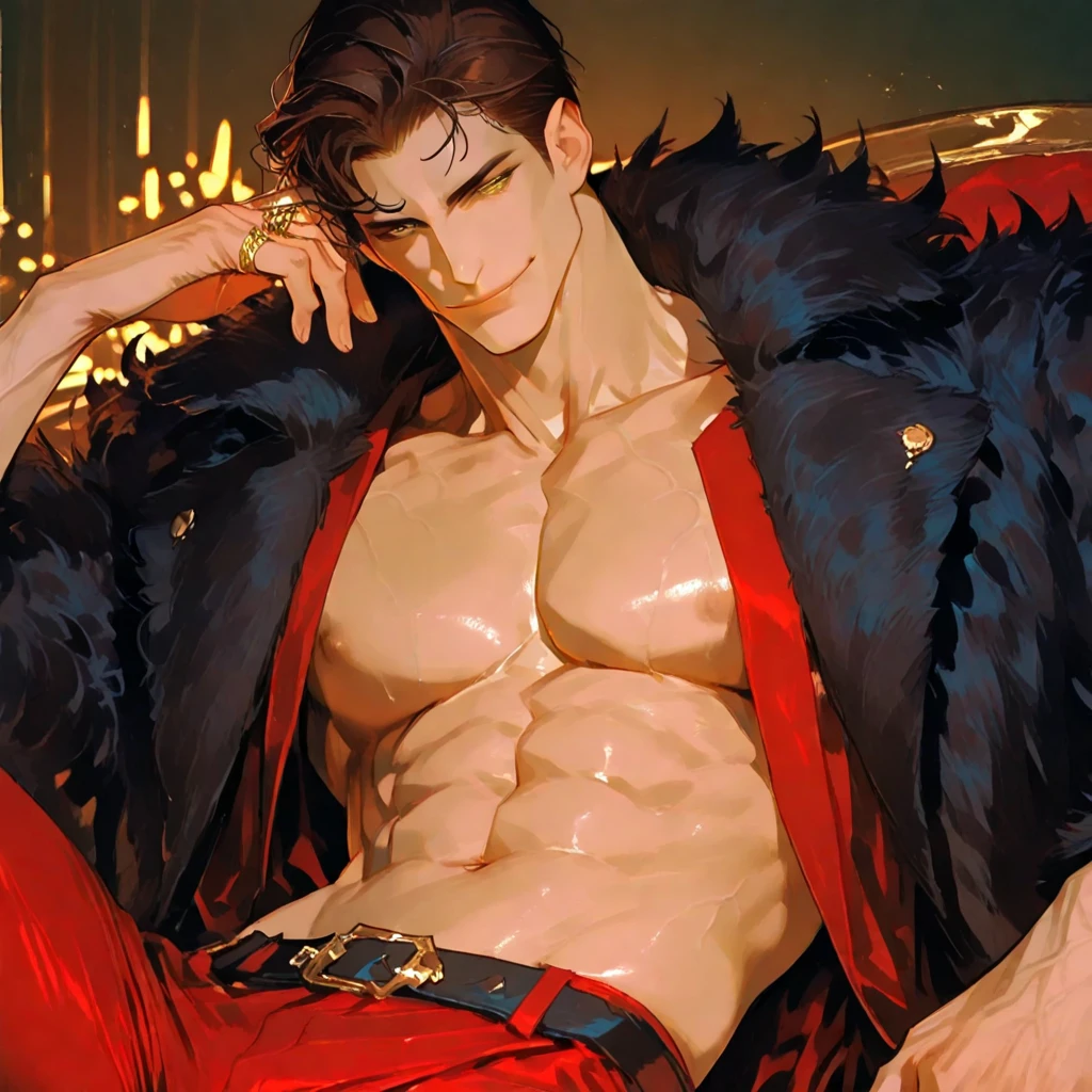 demonio, demon horn, pele branca，Best quality at best，Dadalya（Impacto Genshin , kimono，Bowed muscles;，Bulging of the pectoral muscles，luvas brancas，Abs，Foco masculino，1st grade，Olhos vermelhos，luva branca，sozinho，Black hair，olhos azuis e vermelhos，cabelo amarrado estilo samurai，cabelo entre os olhos，（（Virilha Saliente）），sexy,(master part, best quality),（white kimono suit），auto-seguro，Divirta-se，expression serious, coroa