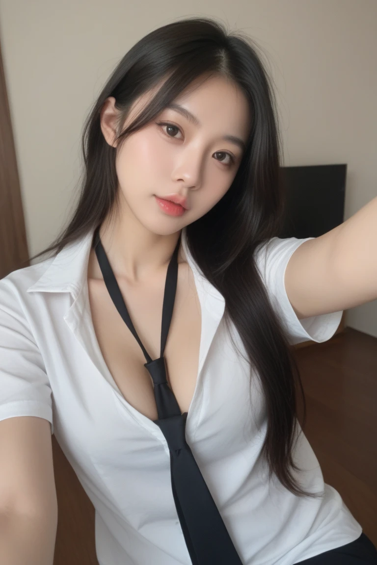 instagram photo, closeup face photo of 23 y.o Chloe in transparant indonesian police uniform, cleavage, pale skin, (smile:0.4), hard shadows, after shower with wet hair, sexy vibe, curly long hair