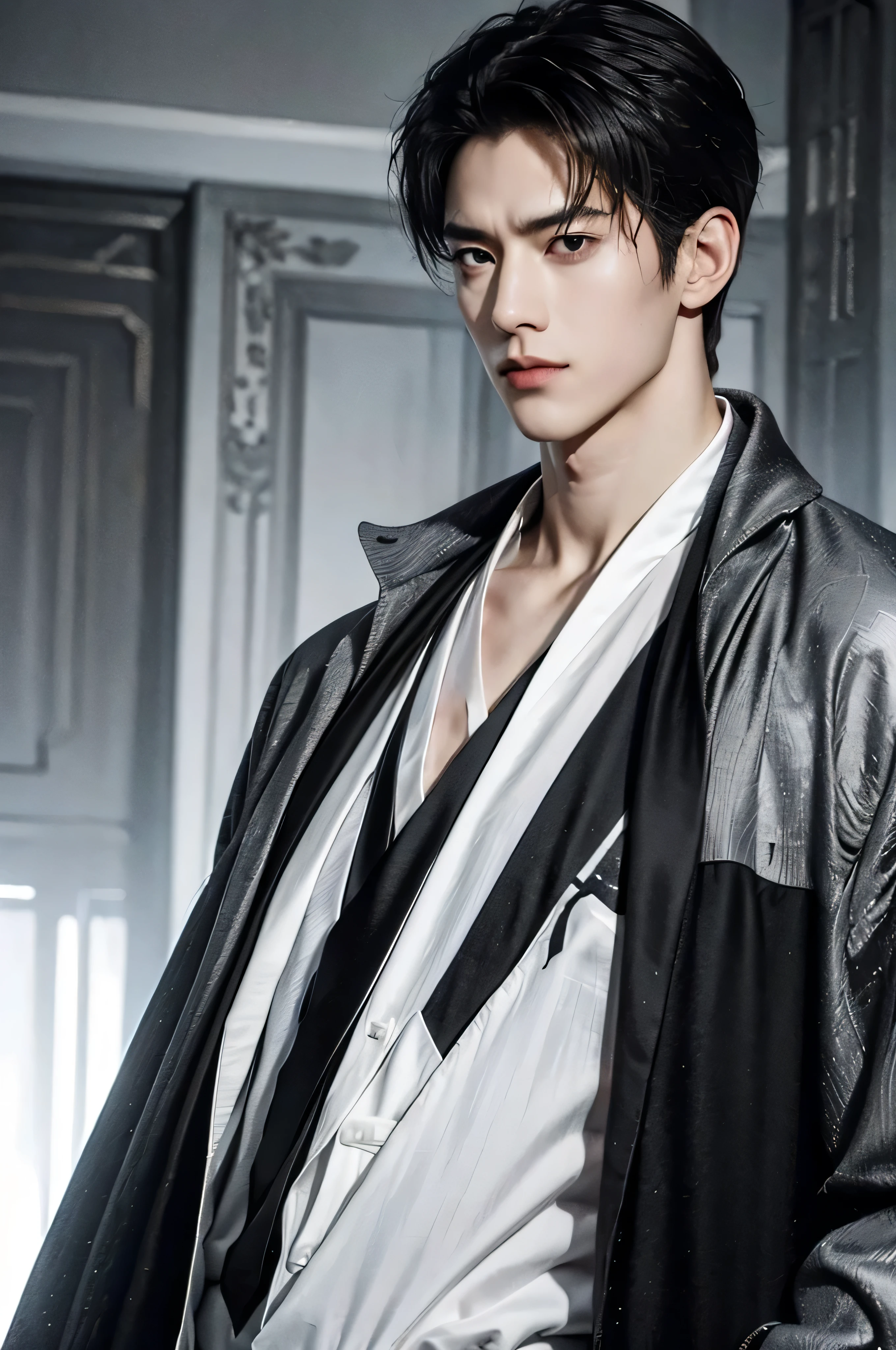 cityscape view, ((Medium Wide Shot)), 25 year old Naruto is a true masterpiece with masculine beauty, perfect anatomy. charming attractive eyes, Perfect lines, 8K quality, black hair, wearing gray shirt and black trench coat, wearing a black tie, short hair, cinematic lighting, intricately detailed, white tetradic color, volumetric lighting, sad looking, looking into the distance away from viewer