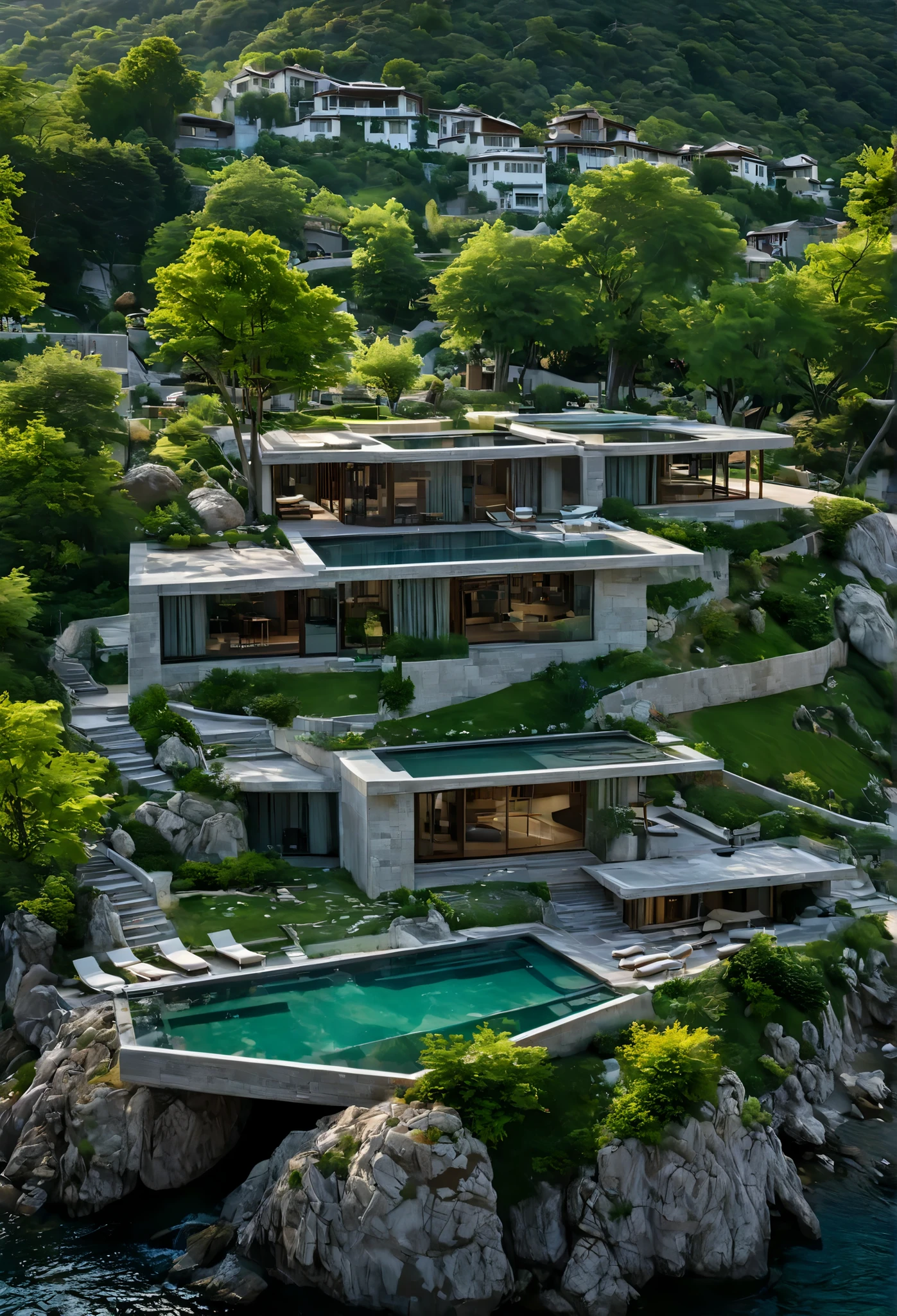 MASTER PIECE, modern, the resort is on the hills ,squares, urban landscape, cars, people, streets, reality, RAW photo, (high detailed skin:1.3), 8k uhd, dslr, soft lighting, ultra quality, film grain, Fujifilm XT3, sharp image, best qualitym, authentic, high quality; outdoors, day, water, tree, no humans, traditional media, building, nature, scenery, rock, mountain, house, landscape, view out the lake of much water
