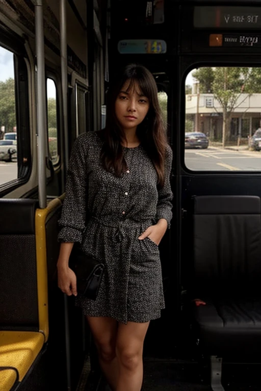 Woman sitting inside bus, wearing brown uniform, blue skirt, beautiful face, 