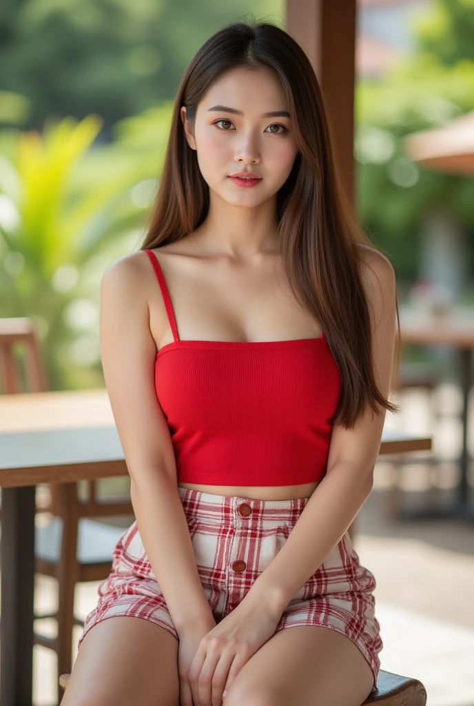 (((((((All Nude)))))))((Reality)), s lips, Detailed background, 1girl in, Squatting in a dark alley、A strong red light shines on my face、ふたりの16-year-old slim Japanese gravure idol、Natural Breast,, (plaid skirts), small 、Slimed、A slender、Long straight light brown hair, (soft smiling), Look at viewers,胸はめDカップ、後ろから別の女の子におっぱいを揉まれる