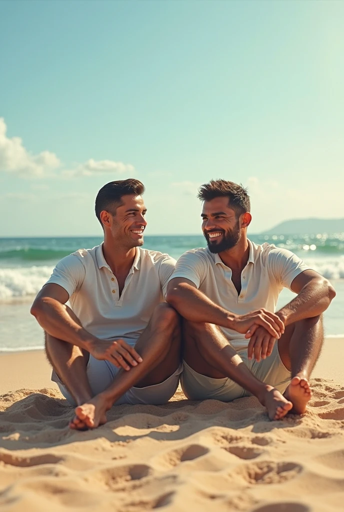 Jesus Christ and a Japanese man relaxing in a hammock on the beach. They close their eyes and rest with wise and benevolent faces. They close their eyes and smile happily. they are shining. Surrounded by rainbow-colored light. Jesus of Nazareth is depicted as a gentle, gentle man with shoulder-length hair. His wavy brown hair flows over his shoulders. His captivating hazel eyes convey deep wisdom and empathy, radiating warmth and understanding. The Japanese man is depicted as a kind-hearted Japanese man with a shaved head like Buddha and a calm and cheerful expression. His captivating dark eyes convey deep wisdom and empathy, radiating warmth and understanding. Summer beach, cocktails. Photography, close-up, highly detailed, trending at the art station, sharp focus, studio shot, intricate details, Greg Rutkowski,
