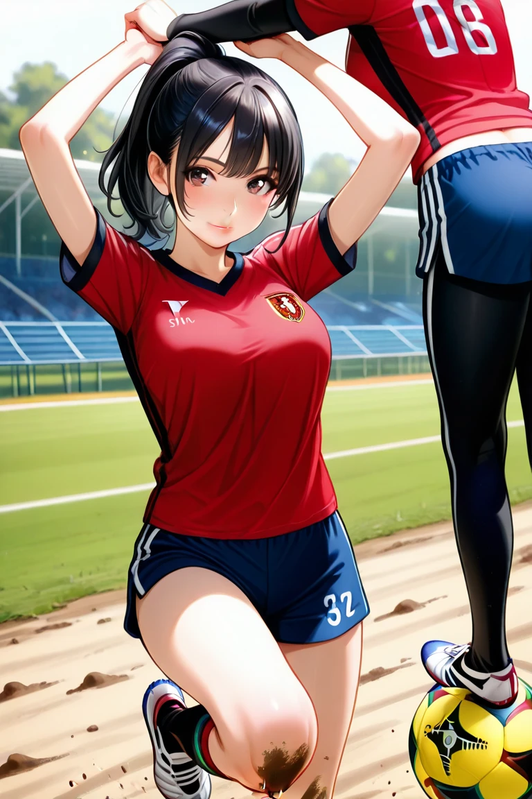 anime women's soccer、1 female player、lift with your head on the spot、place the ball on your forehead、Looking at the ball、watching the ball、 breaks natural pink lips 、kind eyes、dark haired、ponytail、arms down 、put it on your body up to your elbow、Open your arms、red soccer t-shirt、shorts、shortsは白い地でサイドに紺の2本ライン、pink spikes、school、Dirt playground、soccer ground、Highest image quality、8th life、Small head、small face