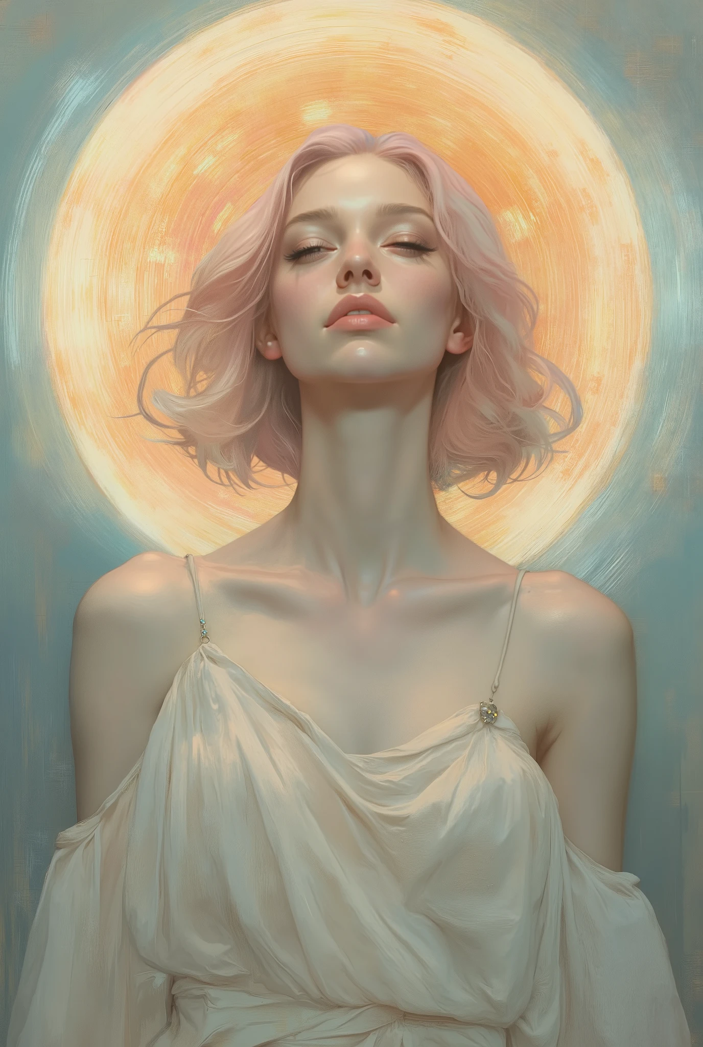 A hyper-realistic, Highly detailed portrait of a woman,Skin tone like snow ,肩长的品红色头发soft波浪. She wears an asymmetrical white blouse,with flowing wrinkles and shoulder straps adorning a single jewel. Her face tilts slightly upward, Eyes closed,A serene smile on her lips. The shattering of an orange ring around her head, consists of translucent gold fragments,Radiate outward. in the background, A ring of light similar to a solar corona The concentric ripple effect created by the optical illusion of color and blue-green is fascinating, pulls the viewer's gaze inward. soft, Ambient lighting enhances the luminous texture of her costume and glowing background. HD,  8,000,  masterpiece , ultra-fine.