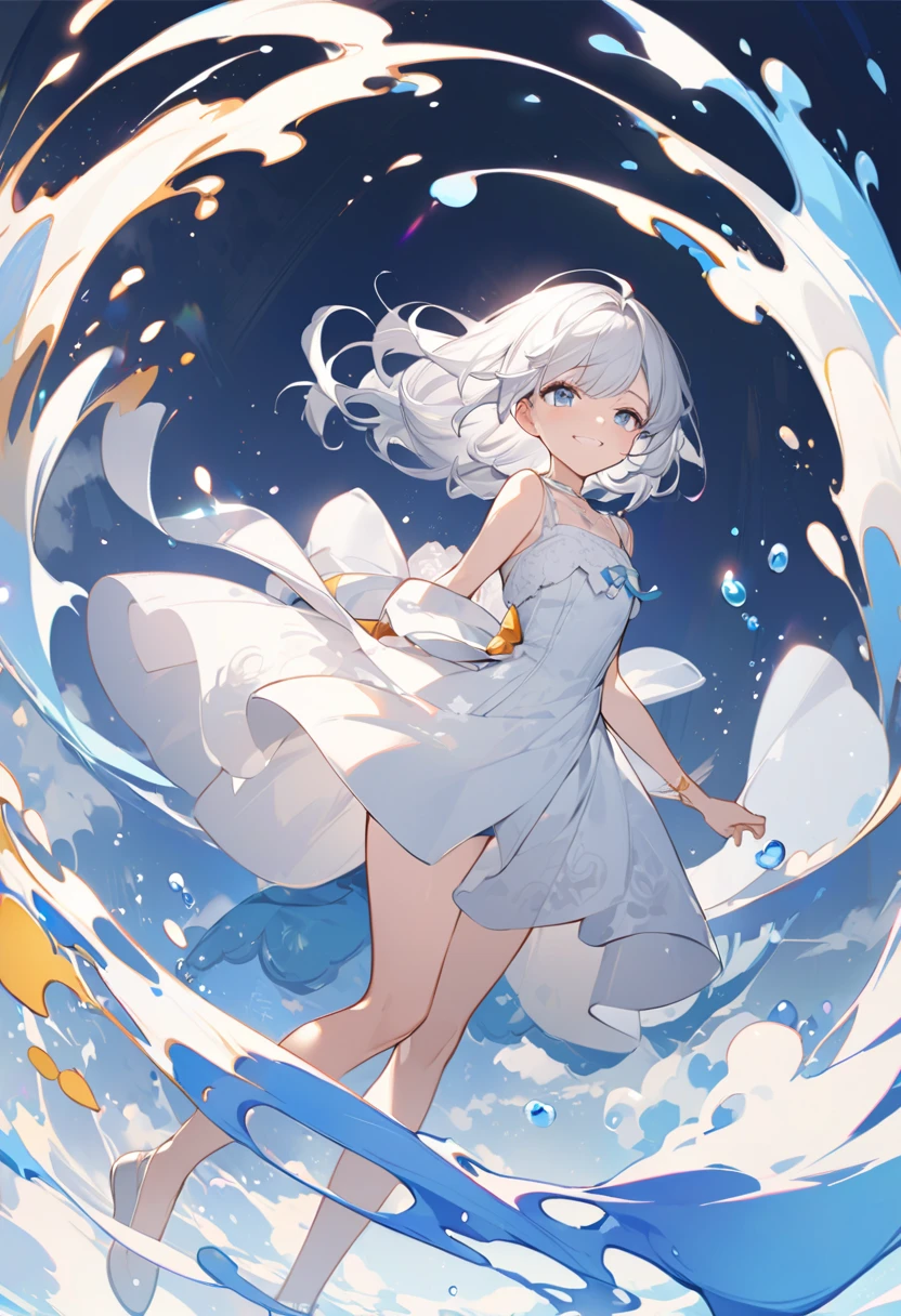 ((masterpiece)), (((best Quality))), ((ultra detailed)), ((illustration)), ((full body)), (Masterpiece, Best quality:1.4), (Beautiful, Aesthetic, Perfect, Delicate, Intricate:1.2), (ultra resolution:1.2), (ultra detailed), long legs, long arms, long torso, perfect body, (ultra realism), 1woman, A cute and skinny adult girl, skinny woman, ((chubby thighs)), posing, majestic view, cute adult woman, ((in the style of Ichikawa Haruko)), Houseki no Kuni, Original character, ((21 years old)), (flat chest:1.3), no breast, ((Hair gradient)), (((very short curly hair))), ((hair goes to chin)), (chin length hair), hair curl, ((curly hair)), hair stringy, (white hair), (even bangs), even cut bangs, (((bangs above eyes))), (white eyes), detailed eyes, long eyelashes, side glance, petty eyes, upper body, arms behind back, arms in the back, squirming, struggle, [[[[[[perfect body, perfect anatomy]]]]]], [[[[[[[[[[[arms behind the back]]]]]]]]]], clothing style houseki no kuni, style houseki no kuni, ((white puff sleeves)), (short sleeves), arm length gloves, (((long gloves))), twisting hips, white collar, (((clothing: top gradient white to black))), (((top white black gradient))), shirt white black gradient, ((loose white shorts)), uniform, (black tie), legs closed, ((thigh gap)), (((zettai ryouiki))), long socks, thigh high socks, ((happy expression)), smiling, solo woman, all alone, 20 years old, shiny, reflective, Additional lighting, sunlight, daytime, on an island, rolling grassy hills, birds, tall trees, grassy plain, plants