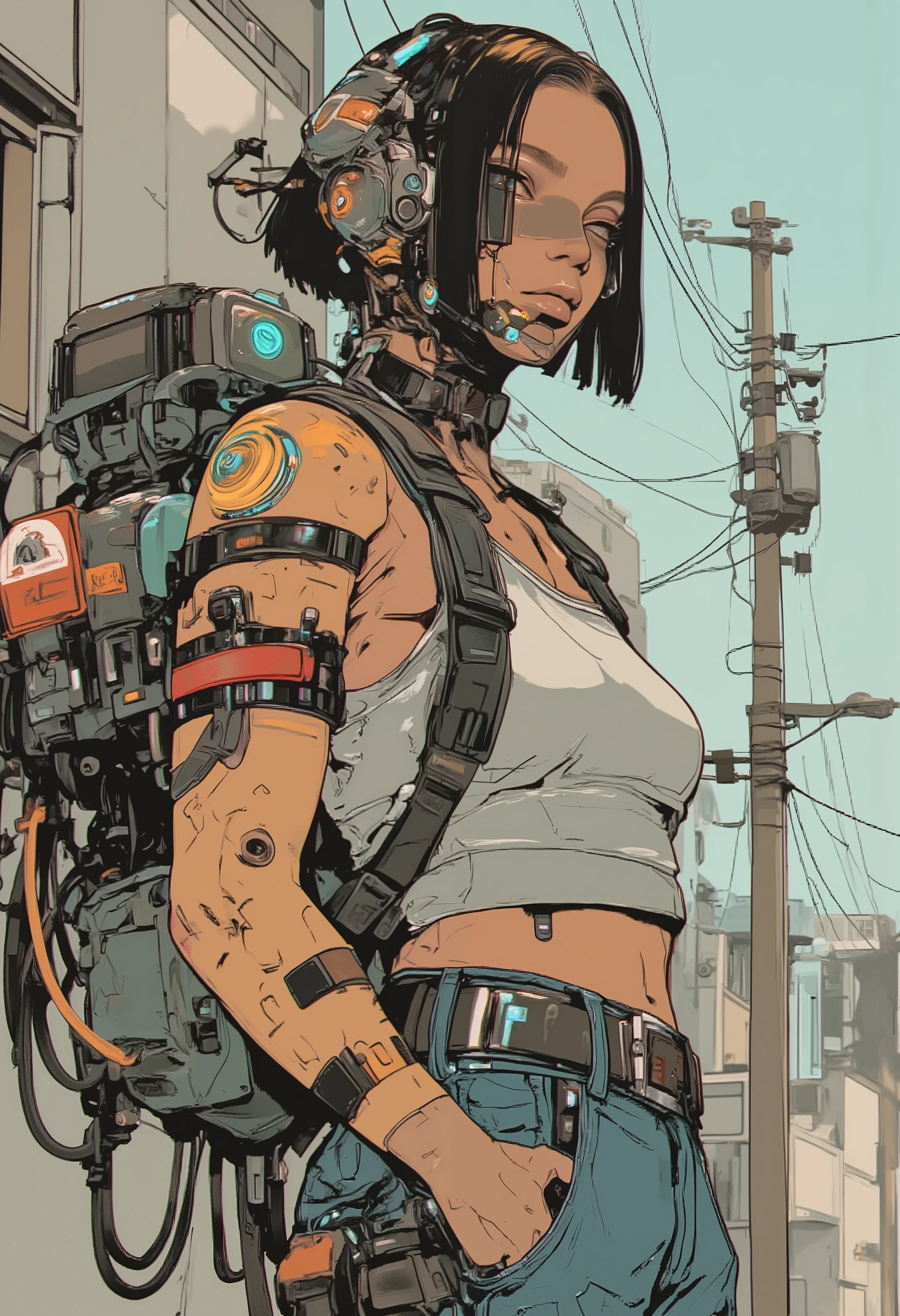 S1n0z1ck style, tanlines, tan, A backpack full of luggage、 denim micro pants 、mini tank top,film style, anime