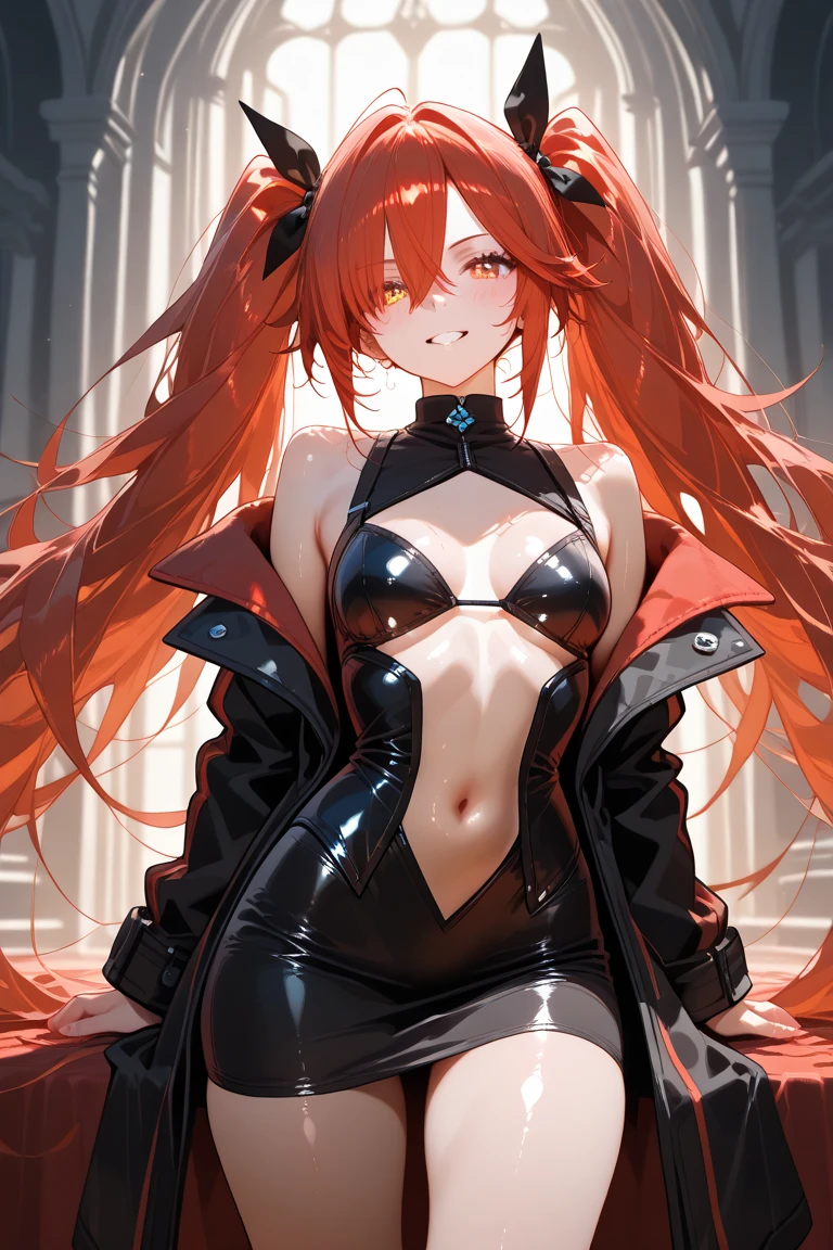 Red hair, blue eyes, black lingerie, at night, better hands