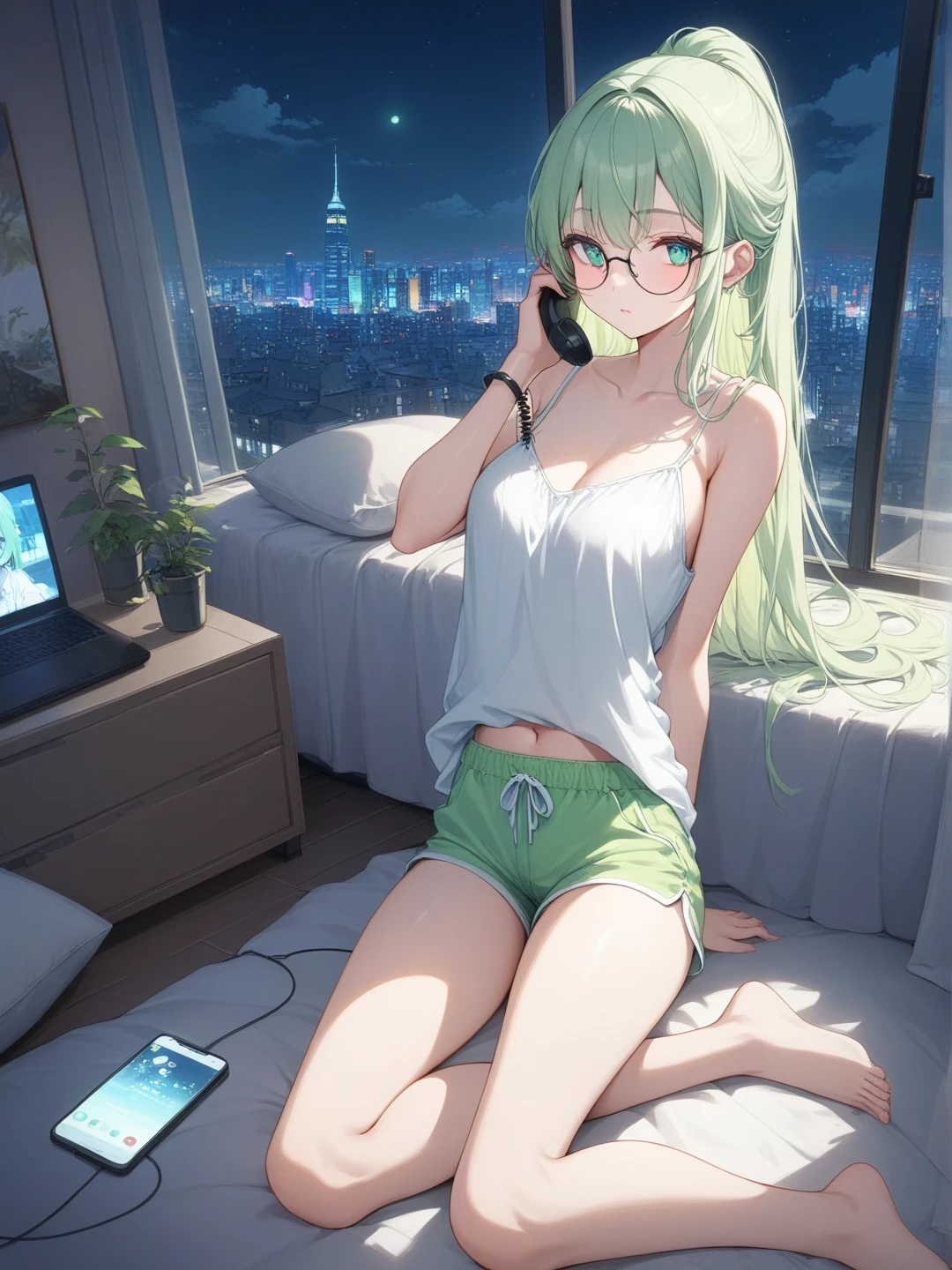 On the sofa with headphones、Studying on a laptop、Hatsune Miku in a bikini、Beautiful night view outside the window