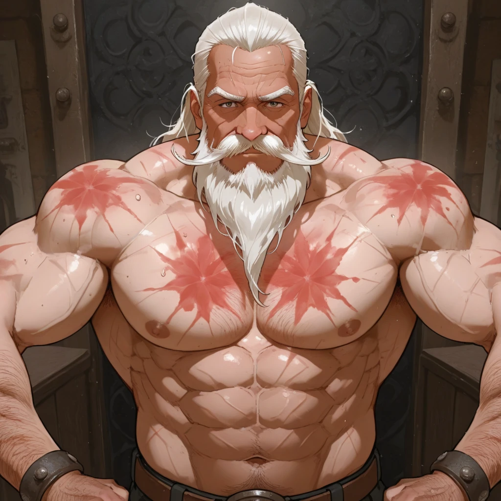 Solo, torso of white bearded shirtless topless old muscular man, his hands chained, gigachad muscular, longand fluffy beard, :: high detail, muscular!, super buff and cool, muscular! white, commission for high res, muscular!!, very buff, white eye brows, strong chest, strong arms, large muscles, muscular, thick waist, big body, tall thick body, wet, wide body, sexual appeal, big blue eyed, man bun hairstyle, chubby belly, white hairy chest, sleeping, in the dark prison