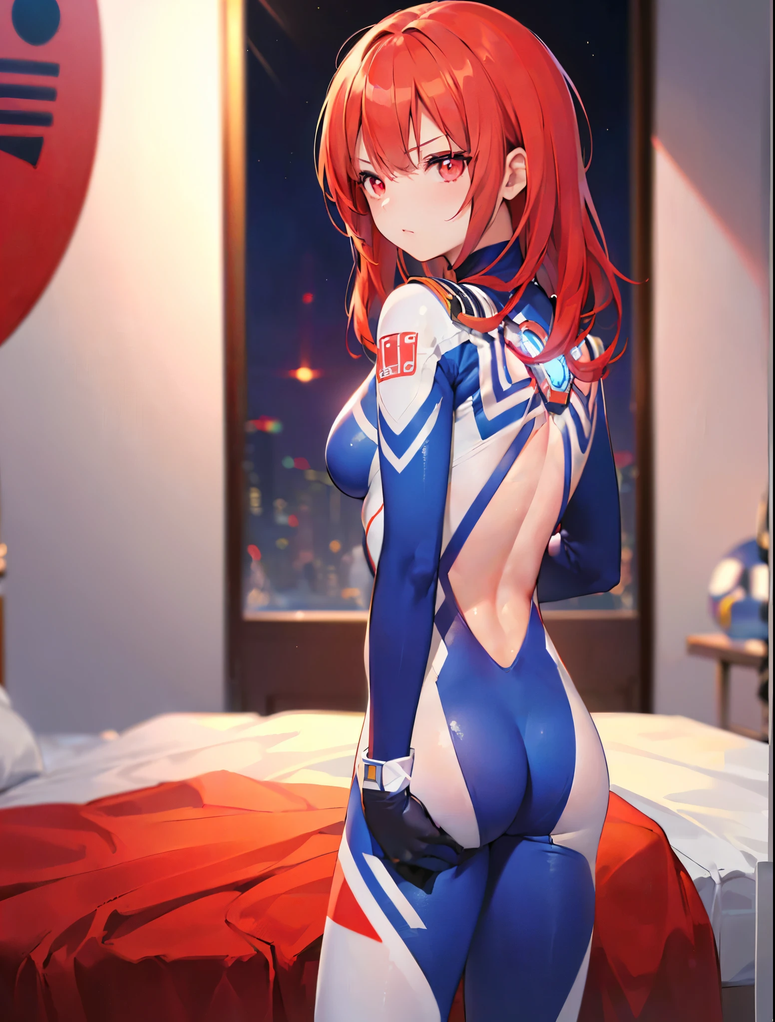 (Close-up:1.3),Realistic,Highest quality, Ultra Detail, High-quality CG rendering, The most delicate and beautiful, Floating softly, High resolution, (1 giant girl), (Highest quality,4K,8k,masterpiece:1.2),(All red hair:1.5), (Medium Long Hair:1.5),(Red eyes:1.5), (Ultra Girl:1.0), (All red Ultraman bodysuit:1.4),(Do not expose your skin:1.5),(Slightly larger breasts:1.3),(Red gloves:1.4),(Red Shoes:1.4),(whole body:1.3),(Troubled face:1.3),Small room,(Sitting on the bed:1.3)