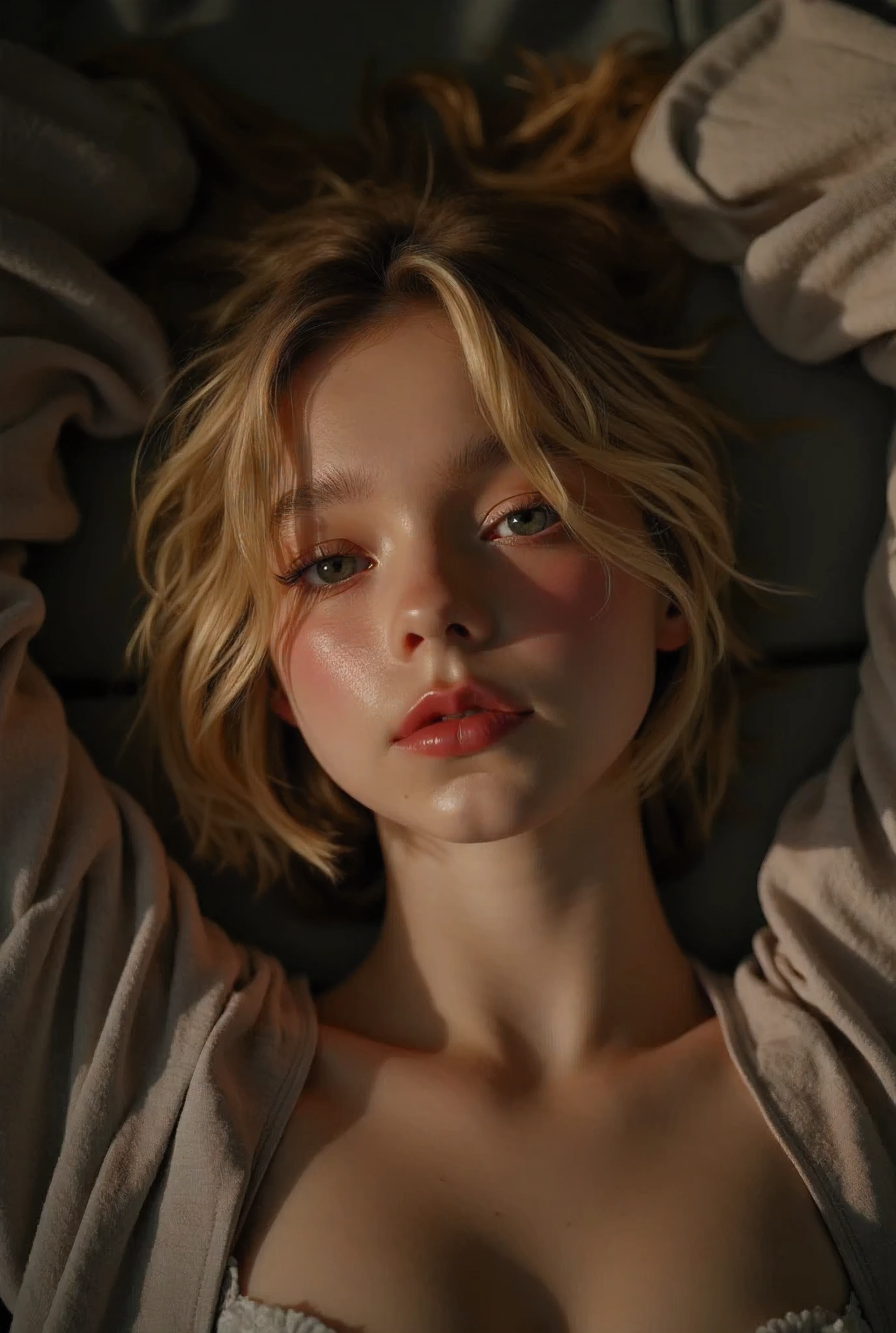 (full body photo, age 14, naked:1.9), beautiful gorgeous very cute petit short-blonde-hair girl lying, on her back, fantasizing about sex, close up, shiny skin, (orgasm face), half-closed eyes, open mouth, pain expression, too much pleasure, biting lip, arousal evident, exposed large natural breasts, nipple pokies, ((best perfect stiff nipples)), (((best exposed puffy areolas))), nipple slip, squishing her breasts together, her breasts have fallen out of her entirely open pajamas revealing them entirely, bra undone, long narrow slender torso, flat stomach, hip bones, (very low rise pink floral panties that are damp where they cover the vagina:1.3), raised mons pubis that is partially exposed, mound of venus, ((camel-toe)), best pov, , intimate moment, sensual, private, lascivious, carnal, night, dimly lit, moody atmosphere, girl's bedroom, realistic skin texture and pores