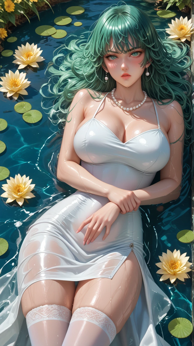 Thick fleshy thighs tightened by white stockings, huge breasts. Transparent gauze, painting, (best quality, 4k, Masterpiece: 1.4), Beautiful Woman, Surreal, 1 Girl, ((Facing the viewer, hand caressing her own chest)), (Sagging breasts, Charming body: 1.6), Sit-ups: 1.1, Blue and white gradient long hair: 1.8, (Wet rain, Rain wet, Wet body: 1.7), Ultra-detailed face, detailed lips, detailed eyes, double eyelids, sexy low neck dress, open neckline, hanging breasts, side pose, visible curves, pool party, poolside, white transparent, muscular turning legs