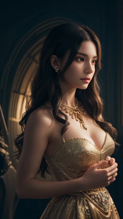 :A woman resting on an ornately patterned couch, bathed in soft, dappled lighting that highlights the intricate details of her elegant, golden gown. Her gaze is direct and somewhat contemplative, with a serene expression that suggests a moment of quiet introspection or gentle anticipation. The artistic composition plays with contrasts—between the rich shadows and the warm glow of light on her skin.