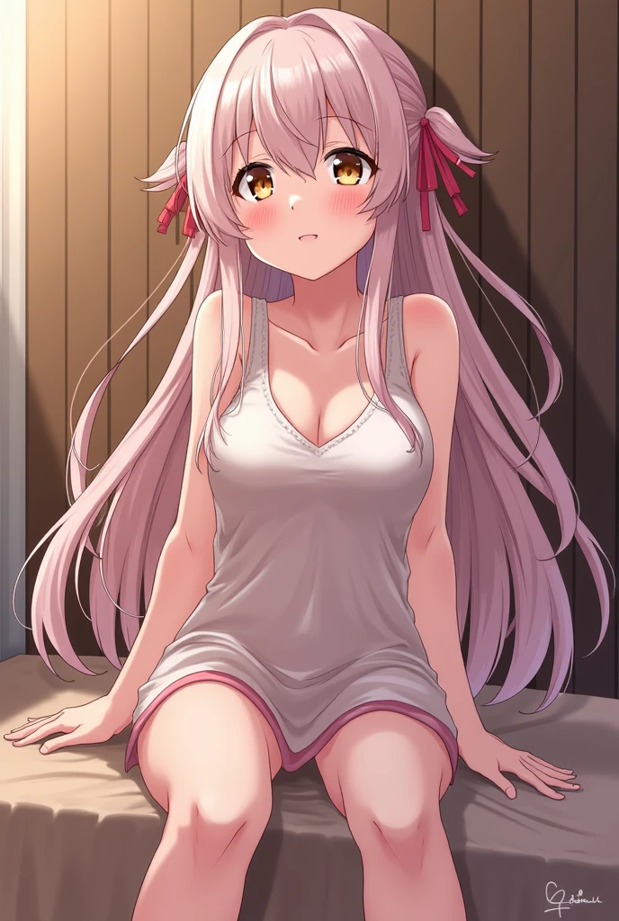 One Girl, alone, Nakano Nino, Pink Hair, Butterfly Hair Ornament, (naked:1.3), (White apron), Large Breasts, Cleavage, Thighs, Cafe Background, (blush:1.3)