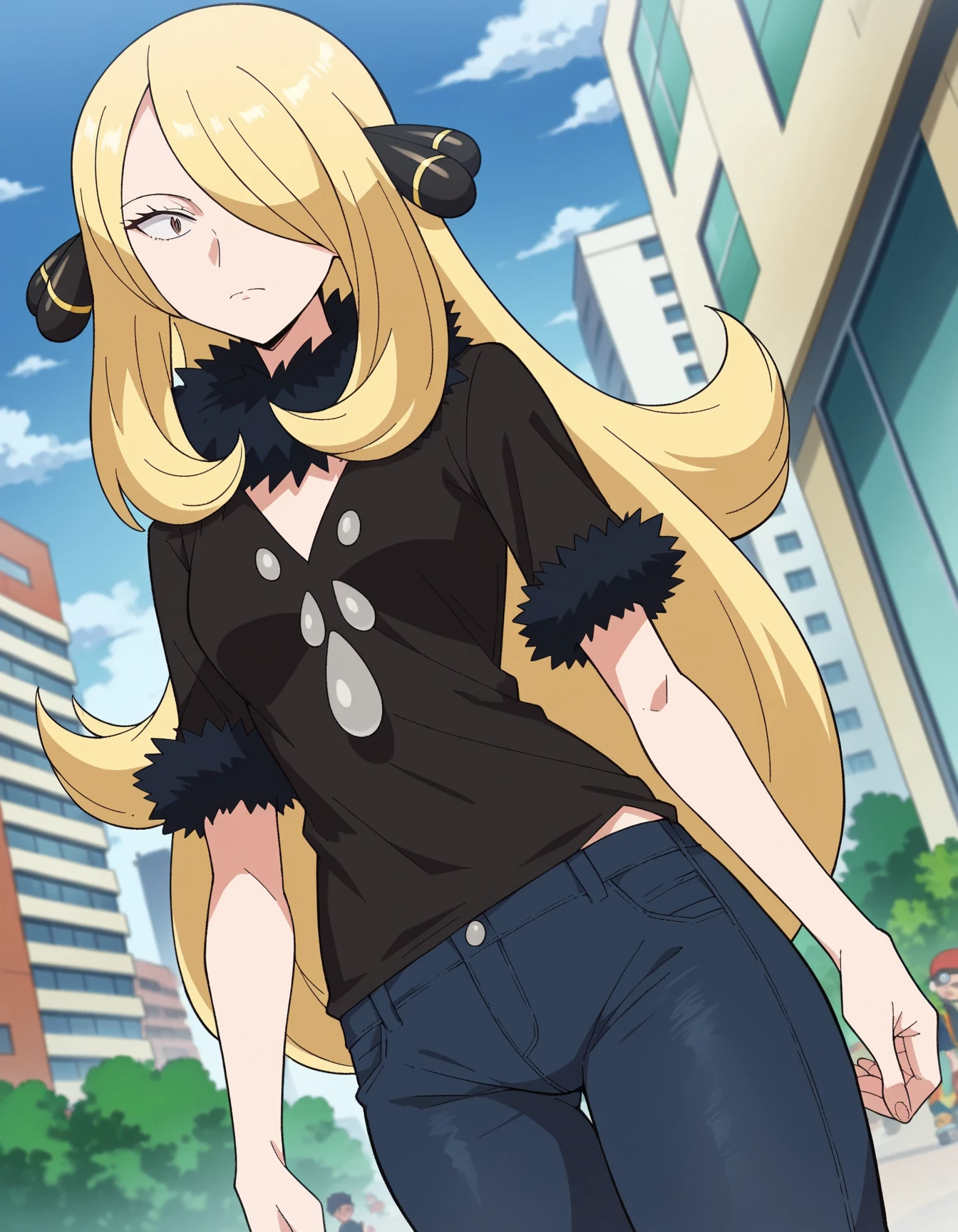 Big Tits. Anime Girls. Anime-style eyes. Setting picture. Perfect pupil. Solo. Highest Quality, Full body, It features a simple_Background,girl, Woman, Female, Young,20 years old, Long hair, flipped hair, Bangs, Blonde hair, messy long hair, emotionless eyes, tusk, Glasses, Black eyes、Smile with open mouth、Unkempt hair、